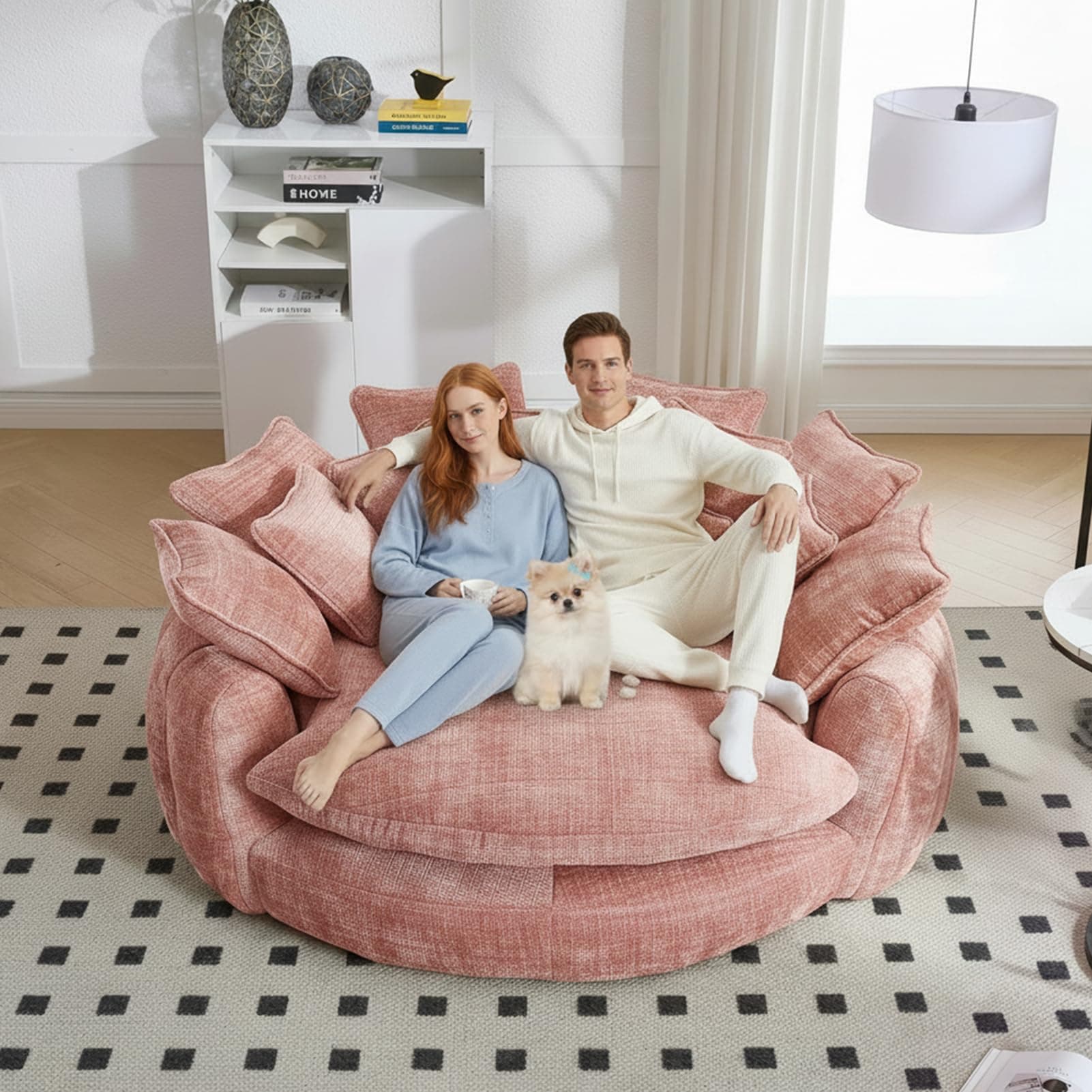 81" Oversized Round Sofa Bed, Large Chenille Bean Bag Chair, No Assembly Required Cloud Couch, Fluffy Plush Chaise Lounge Chair Indoor, Modern Sleeper Sofa with Deep Seat for Living Room (Pink), view 7