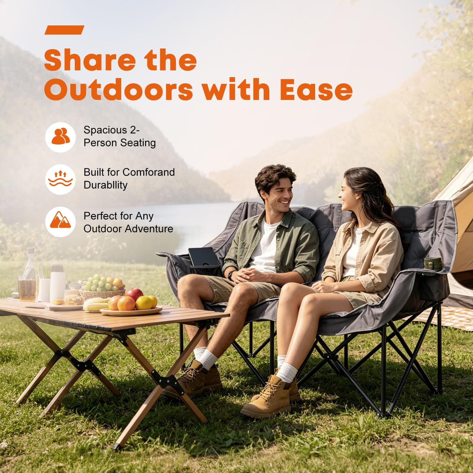 Trakiom Double Camping Chair, Oversized with Cup Holders, Grey, view 4