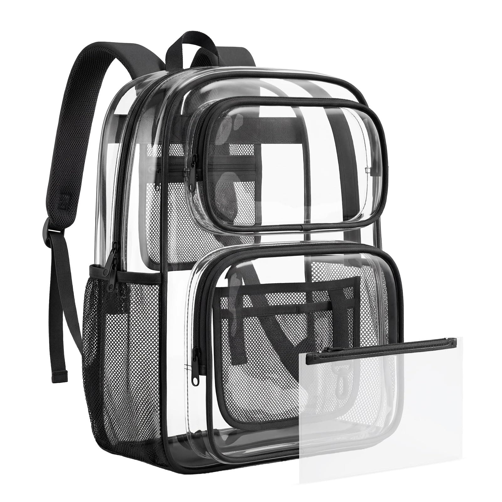 mommore Clear Backpack Set for School, Large Heavy Duty Transparent Bookbag with Pencil Bag for Boys Girls, 17 inch See Through PVC Plastic Backpack with DIY Patches for College Work Casual