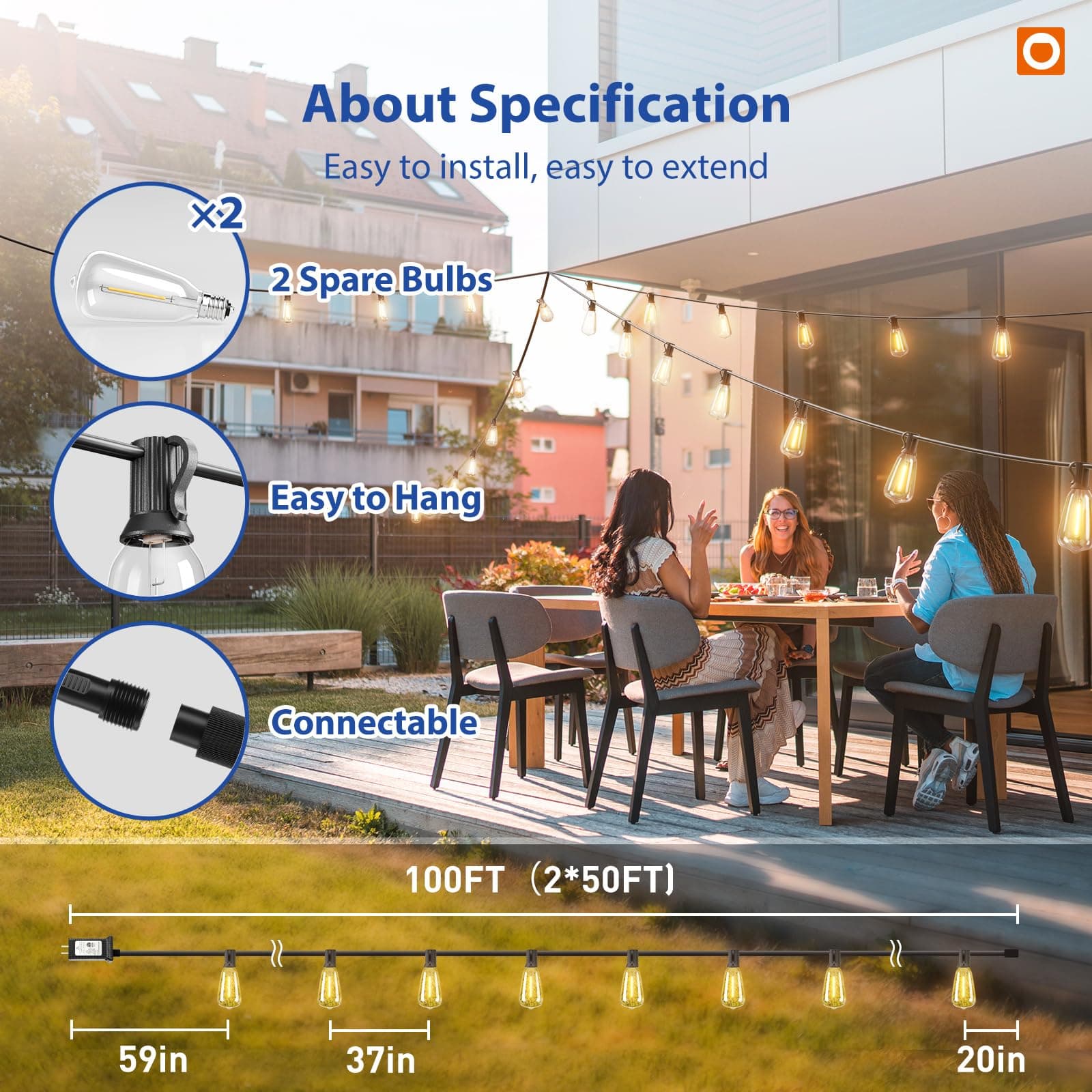 addlon 100FT Outdoor String Lights ST38 LED with Remote Waterproof Dimmable, view 5