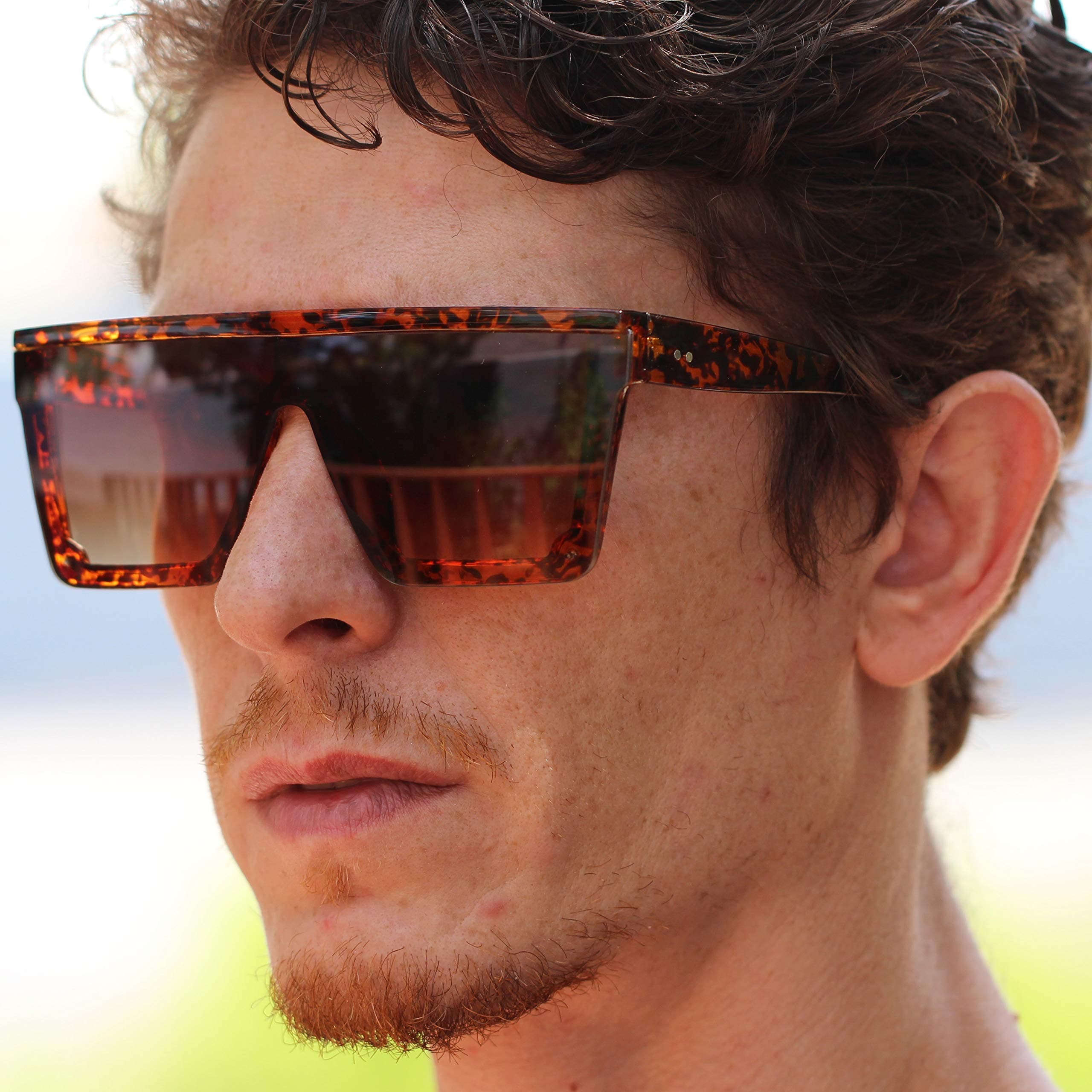 Flawless - Fashion Brand Design Flat Top Oversized Frame Siamese Lens Semi-Rimless Men Women Sunglasses (Tortoise), view 4