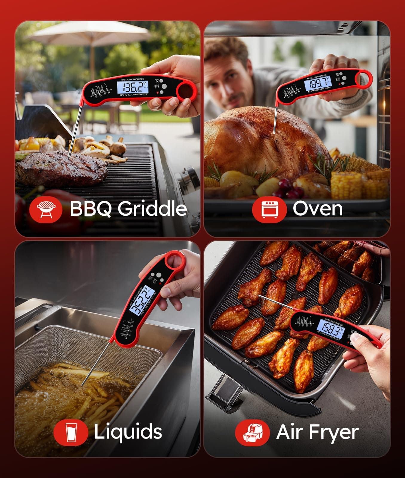 Meat Thermometer Digital – Instant Read Food Thermometer for Grilling, BBQ, Air Fryer, Smoker, Candy Making with Foldable Probe, Kitchen Gadgets, BBQ Essentials, Gift for Dad Men Husband Him, Red, view 6
