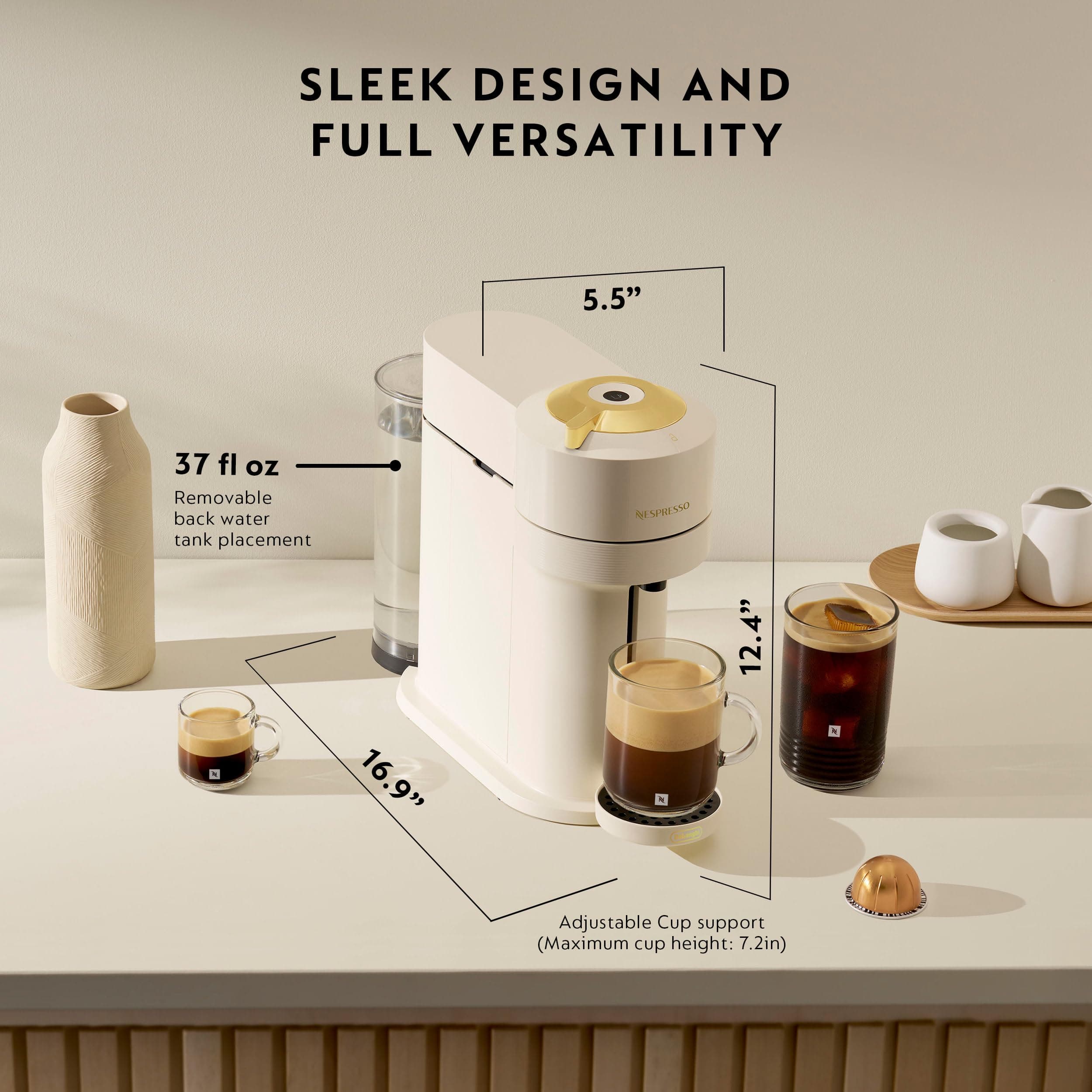 Nespresso Vertuo Next Coffee and Espresso Maker by De'Longhi, Creamy White and Gold, view 3