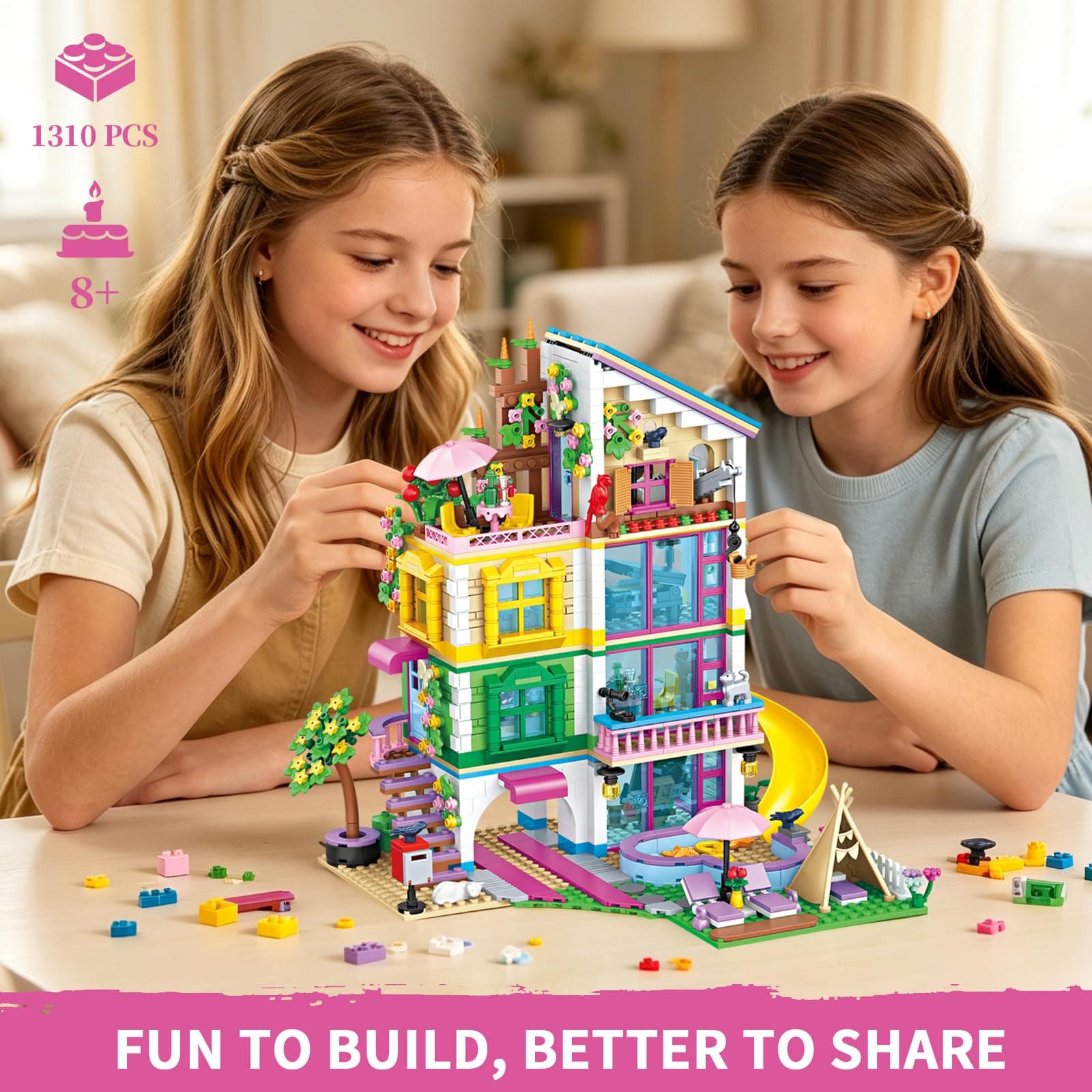 4-Story Villa Building Set for Girls, House Building Block Set with Heart Pool, Piano Room & Pink Car, 1310 Pcs Toys & Christmas Birthday Gifts for Kids Girls Ages 8-12, Compatible with Lego, view 5