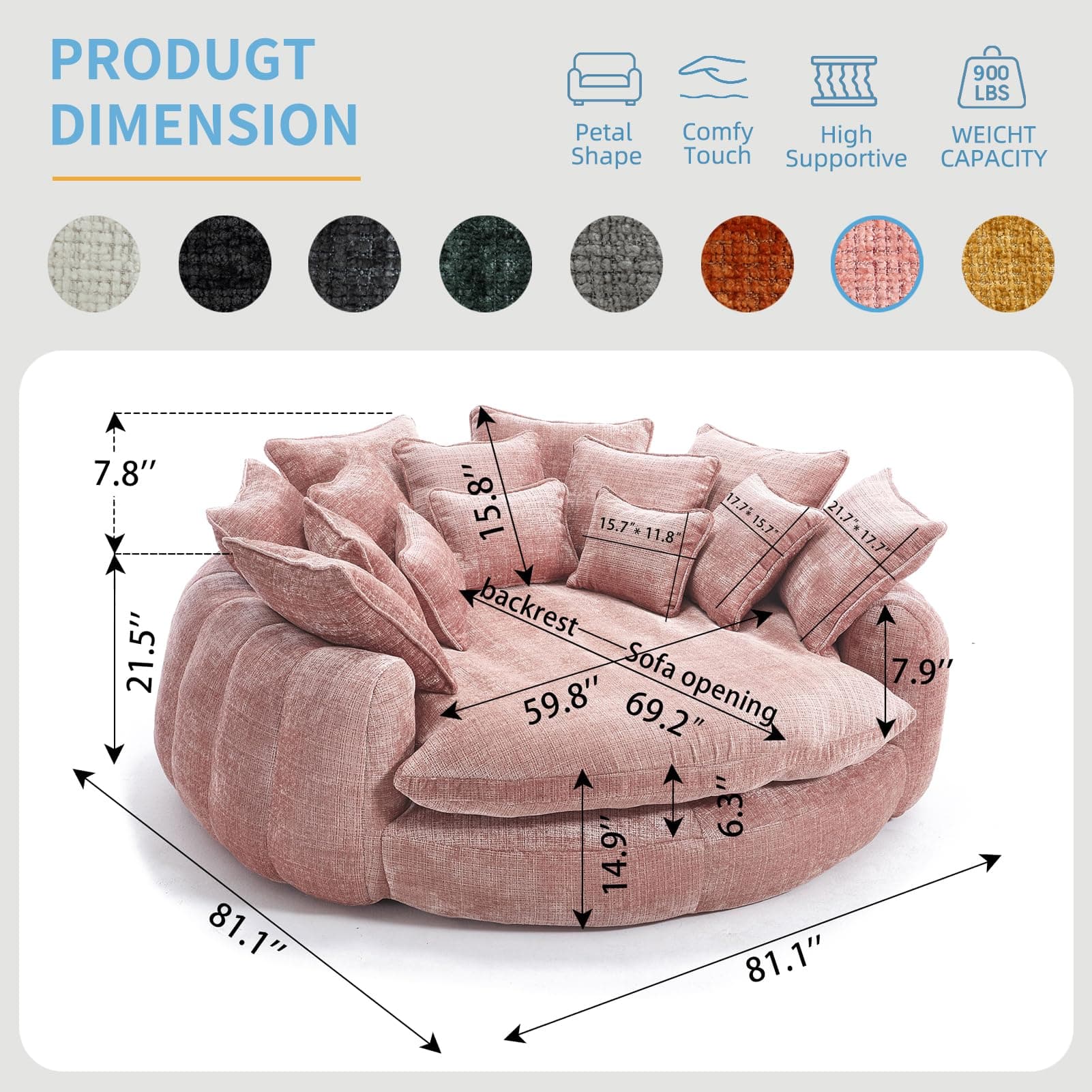 81" Oversized Round Sofa Bed, Large Chenille Bean Bag Chair, No Assembly Required Cloud Couch, Fluffy Plush Chaise Lounge Chair Indoor, Modern Sleeper Sofa with Deep Seat for Living Room (Pink), view 2