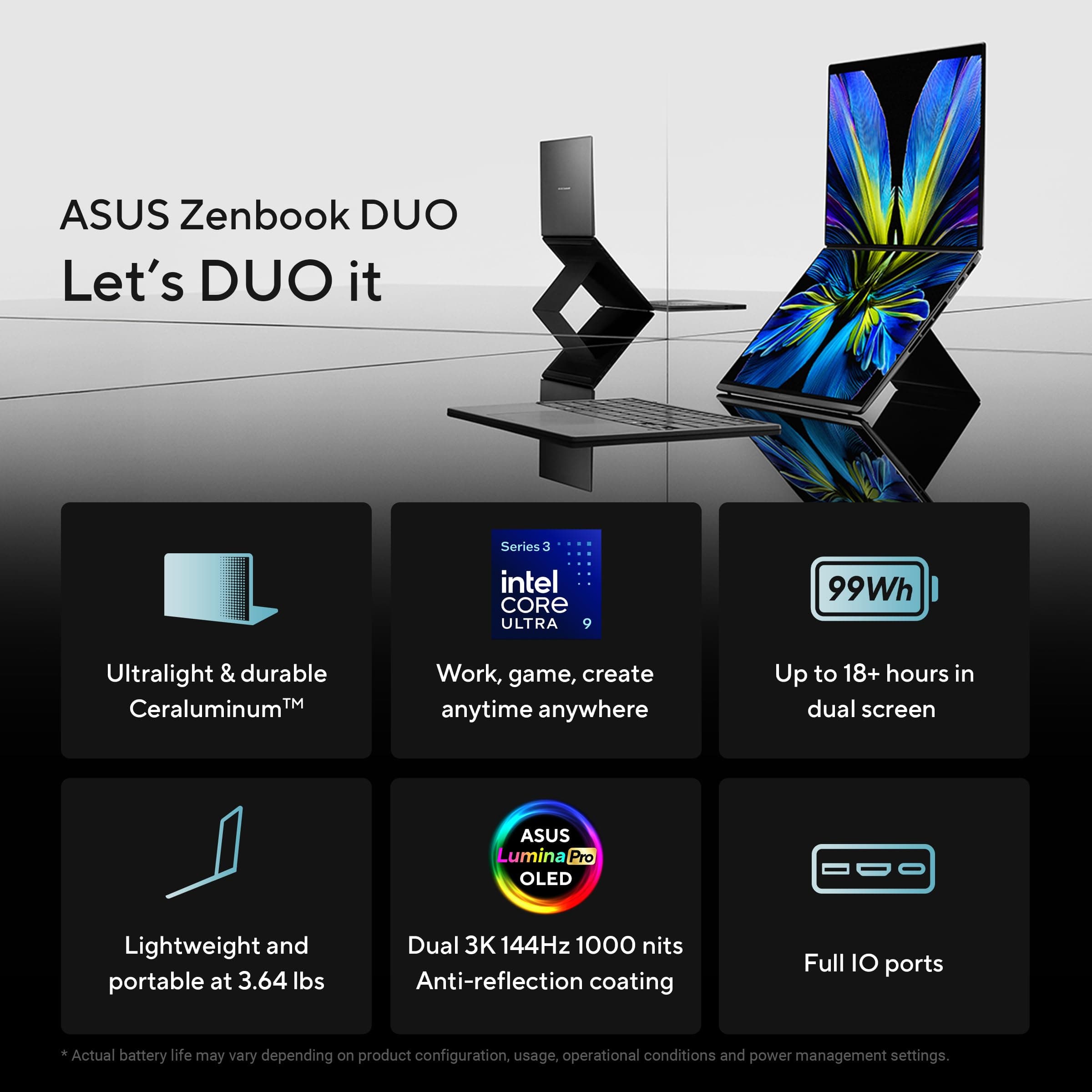 ASUS Zenbook Duo Laptop (2026), Dual 14” OLED 3K 144Hz Touch Display, Intel Core Ultra 9 Processor 386H, Intel Graphics, 32GB RAM, 1TB SSD, Sleeve and Stylus Included, WiFi 7, Windows 11, Moher Gray, view 4