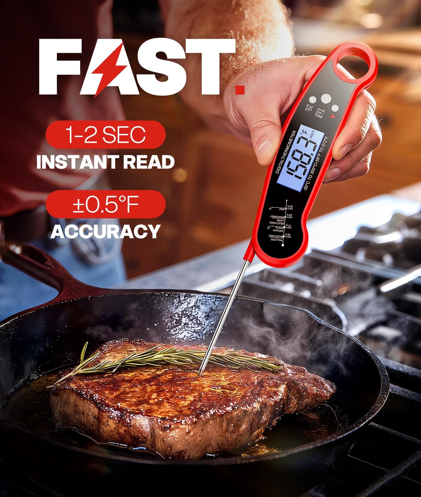 Meat Thermometer Digital – Instant Read Food Thermometer for Grilling, BBQ, Air Fryer, Smoker, Candy Making with Foldable Probe, Kitchen Gadgets, BBQ Essentials, Gift for Dad Men Husband Him, Red, view 2