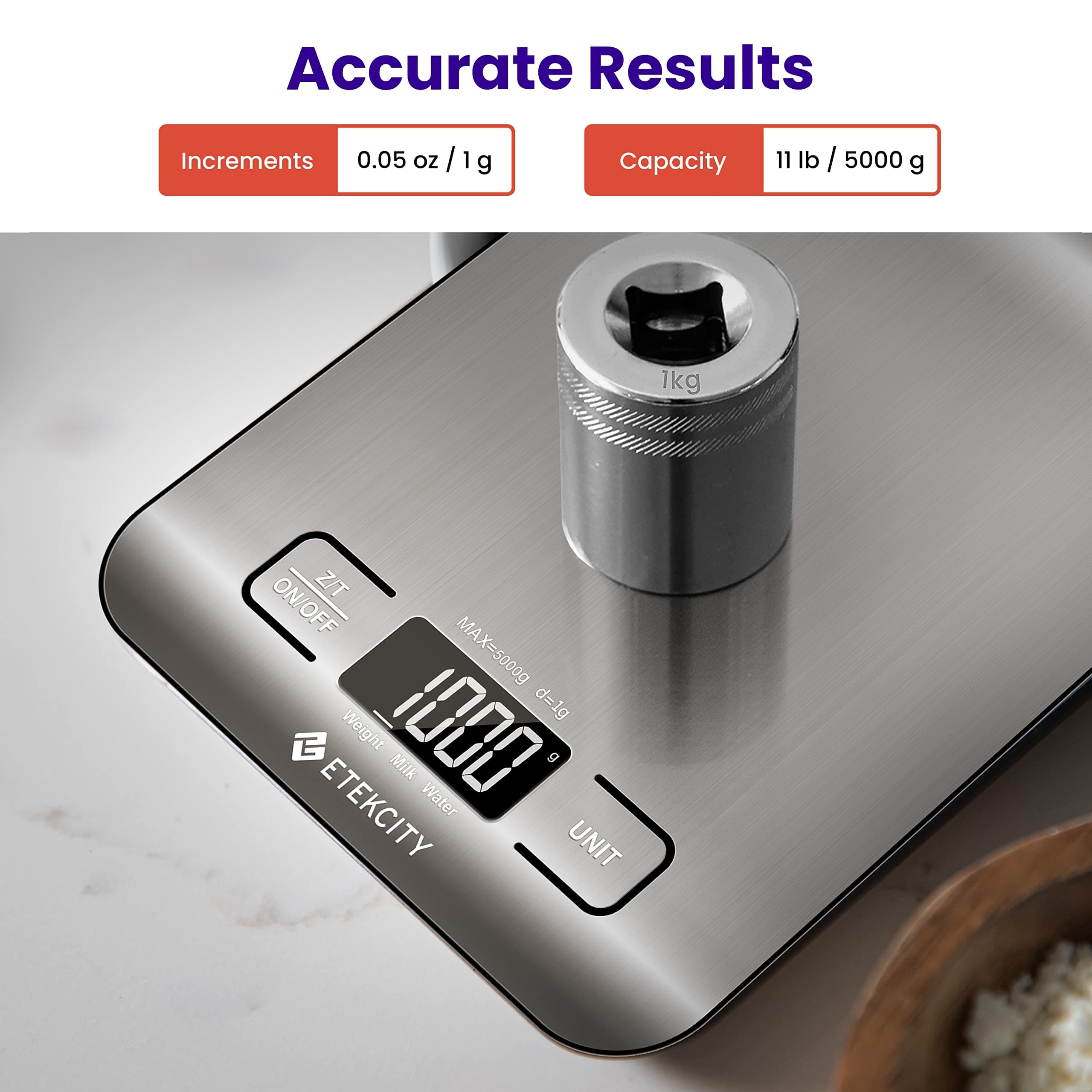 Etekcity Food Kitchen Scale, Digital Grams and Ounces for Weight Loss, Baking, Cooking, Keto and Meal Prep, LCD Display, Medium, 304 Stainless Steel, view 8