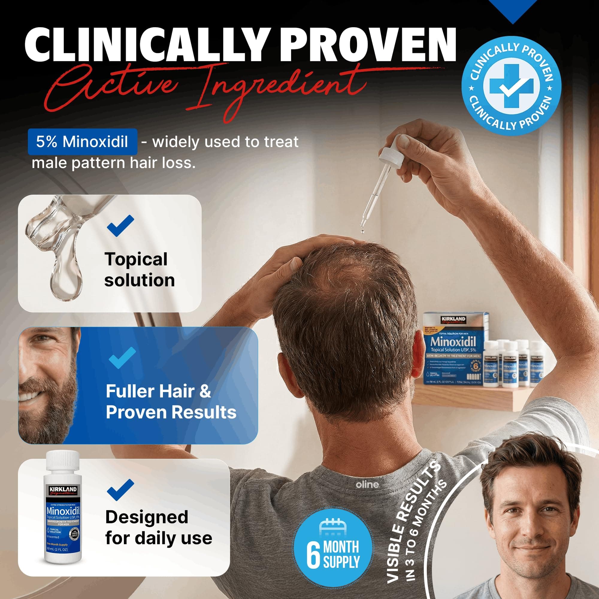 Kirkland Minoxidil for Men Liquid, Extra Strength Hair Regrowth Treatment 5%, 6 Months Supply - Upgraded Dropper Applicator and Bonus Free Guide Included, view 2