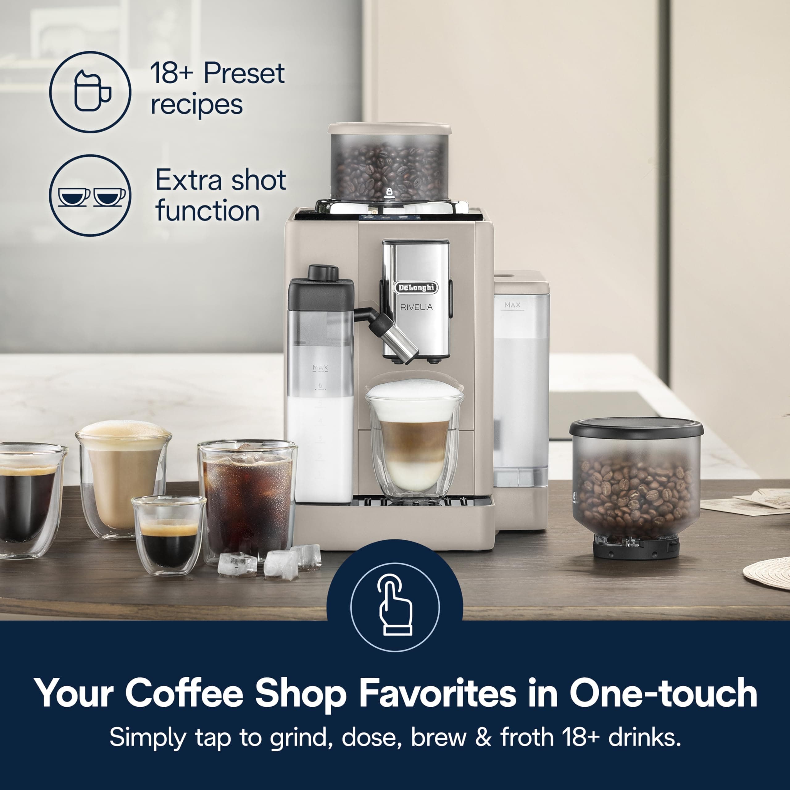 De'Longhi Rivelia Automatic Espresso Machine, Grinder, Milk Frother, Beige, view 2
