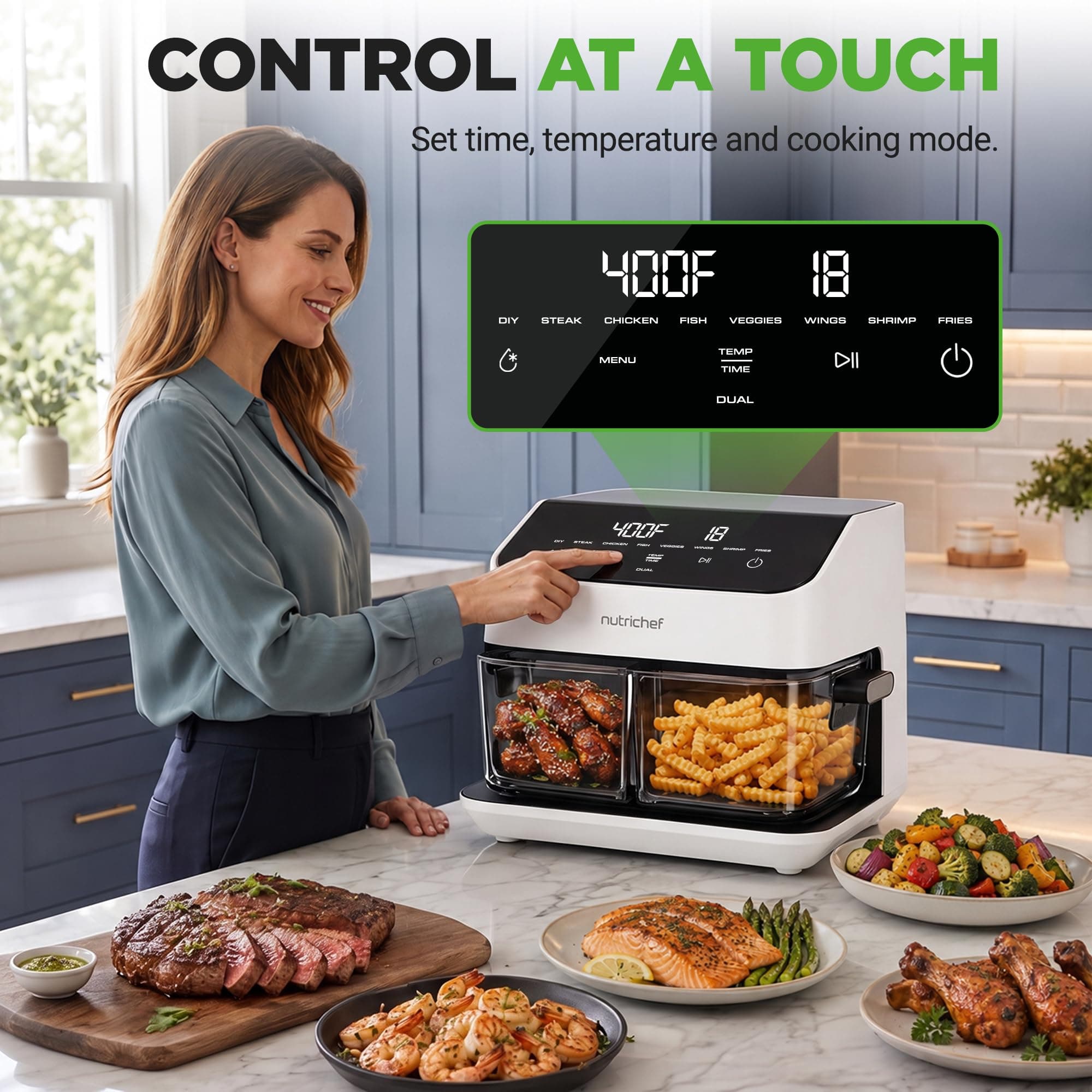 NutriChef 8.5 Quart Family Size Double Glass Basket Air Fryer | 8-in-1 Preset Dual Cook Modes | Glass Fry Bowls for Best Cooking | Cook Steak, Fries & More | Adjustable Temperature & Timer | White, view 6
