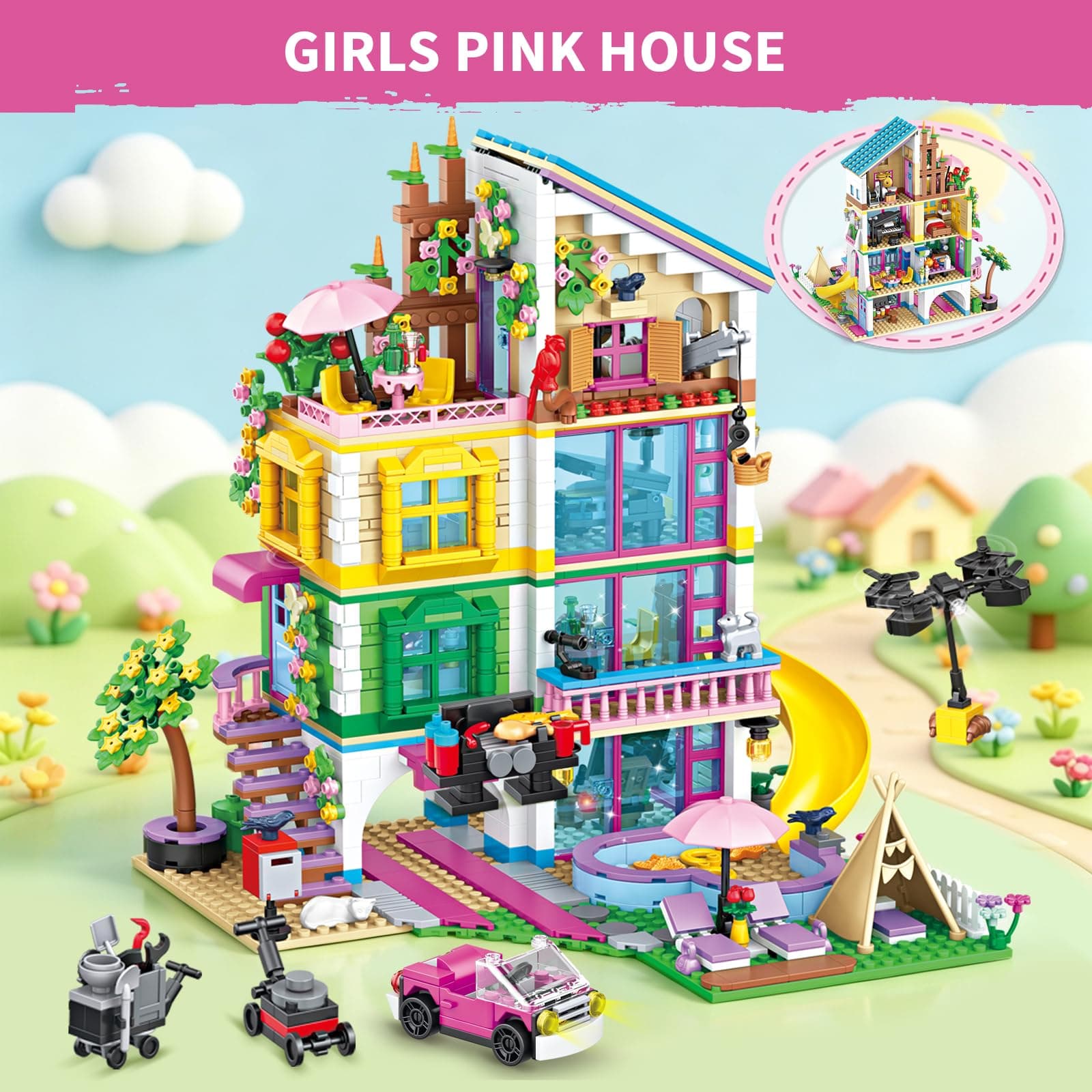 4-Story Villa Building Set for Girls, House Building Block Set with Heart Pool, Piano Room & Pink Car, 1310 Pcs Toys & Christmas Birthday Gifts for Kids Girls Ages 8-12, Compatible with Lego, view 6
