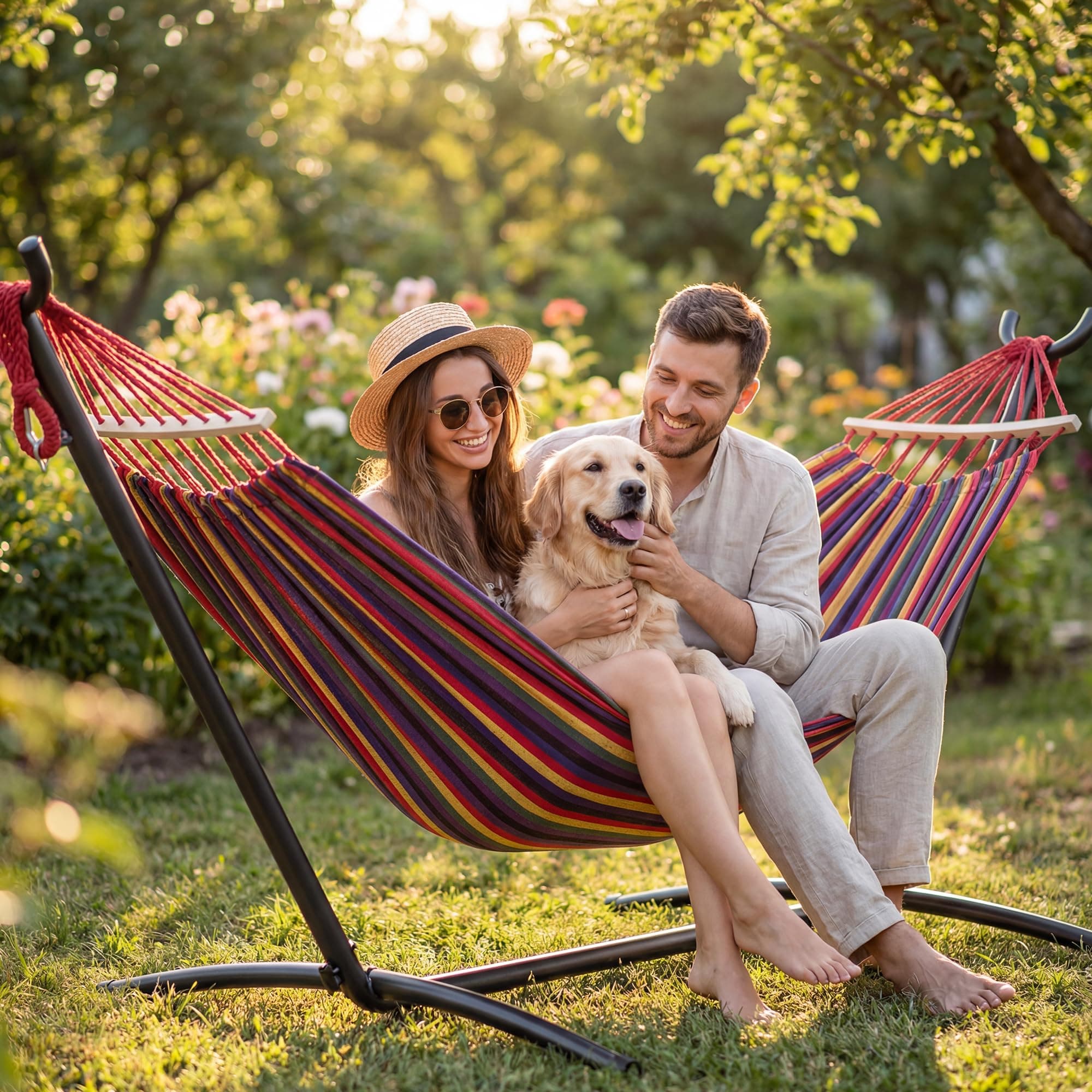 Everyfun Double Hammock with Stand, 2 Person Heavy Duty Hammock with Steel Stand, 600 lbs Capacity Cotton Hammock for Outdoor Indoor Patio Yard, Portable with Carrying Bag, Tool-Free 10-Min Assembly, view 2