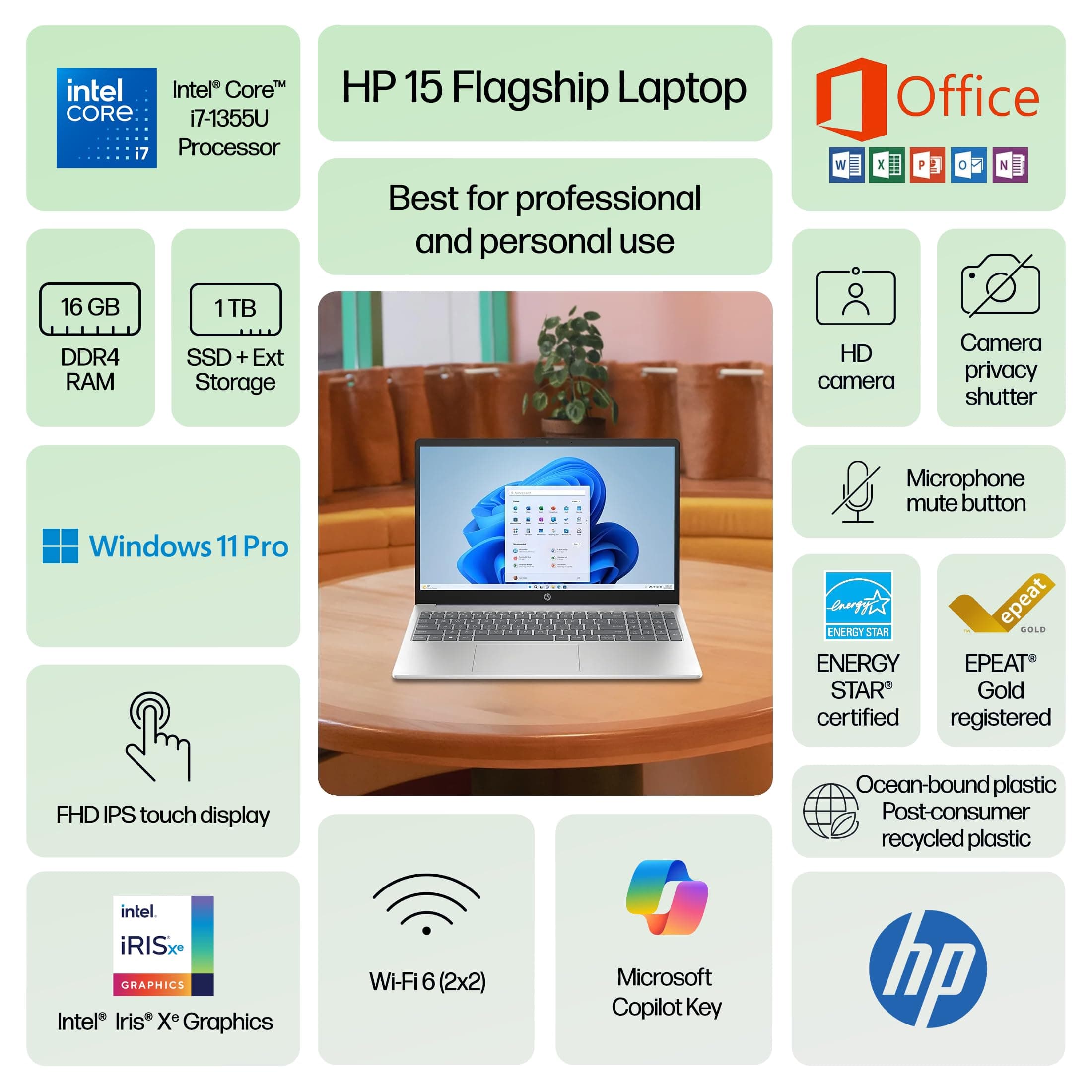 HP 15.6” FHD Touchscreen Laptop 2025-2026 Student Business, Ultra Powerful AI Computer, Lifetime Office, 10-Core Intel i7, 16GB RAM, 1TB Storage (512GB SSD+500GB Ext), Wi-Fi 6, HubxcelAccs, Win 11 Pro, view 2