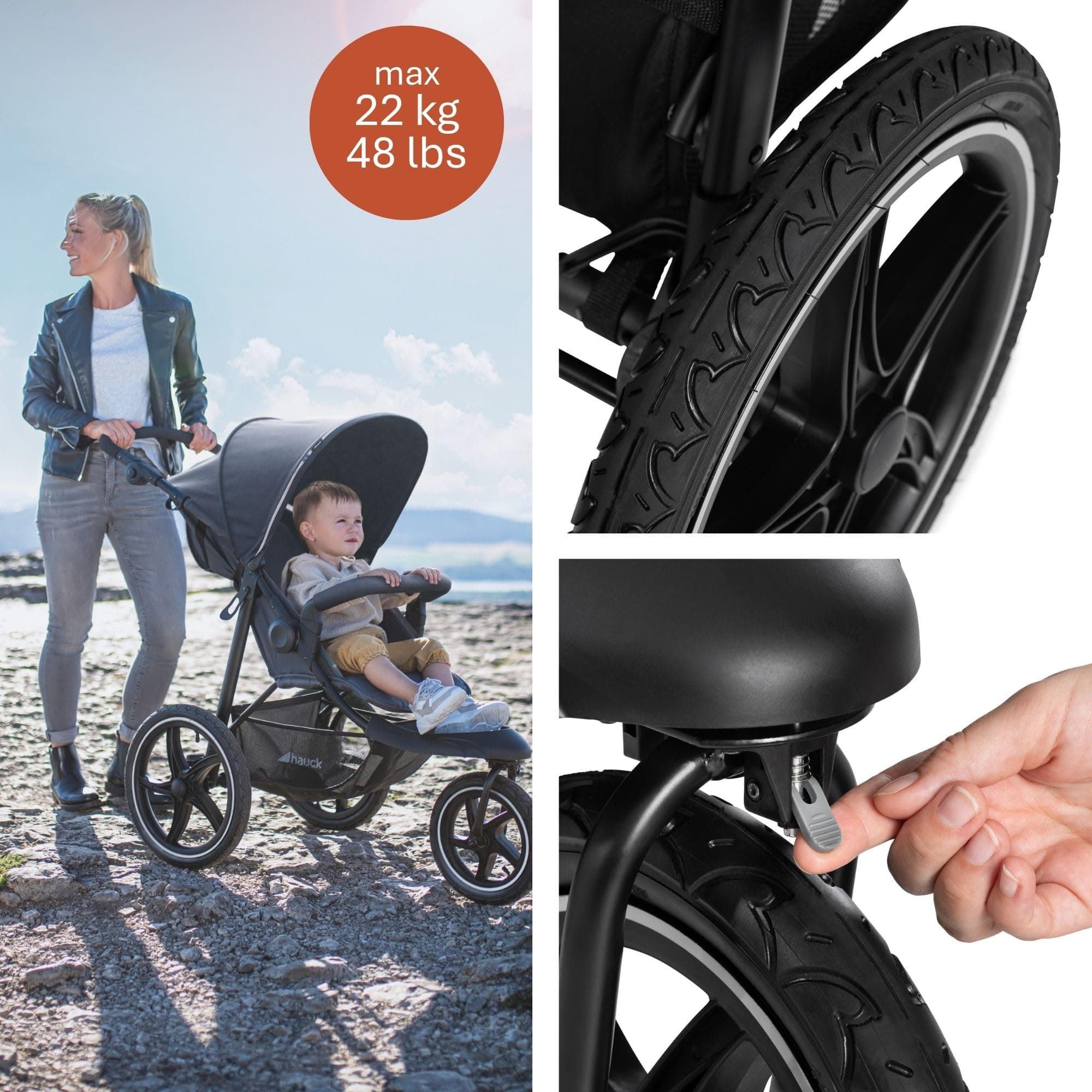 hauck 3-Wheel All Terrain Stroller with Raincover, XL Pneumatic Air Wheels, Mesh Window, and Height-Adjustable Handle, UPF 50+ - from Birth up to 48.5lbs, view 3