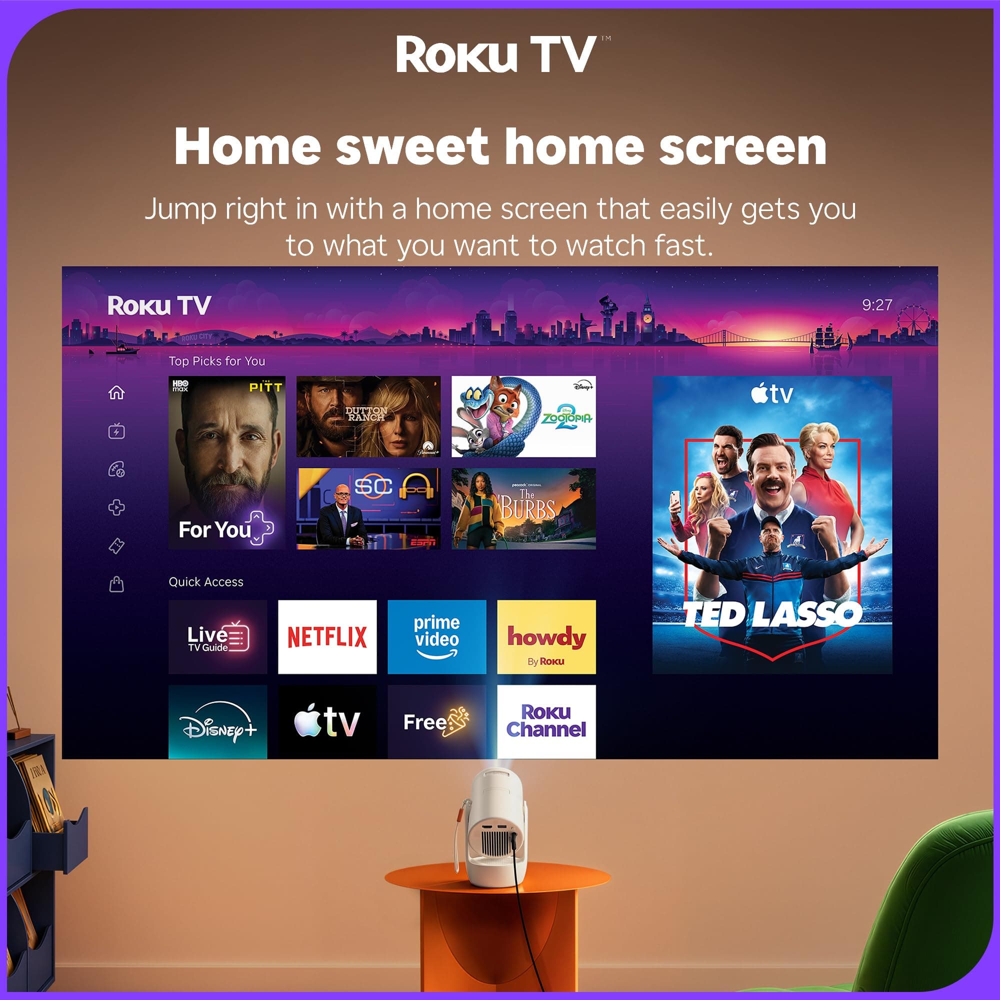Aurzen Roku TV E1R Smart Portable Mini Projector with WiFi and Bluetooth, view 6