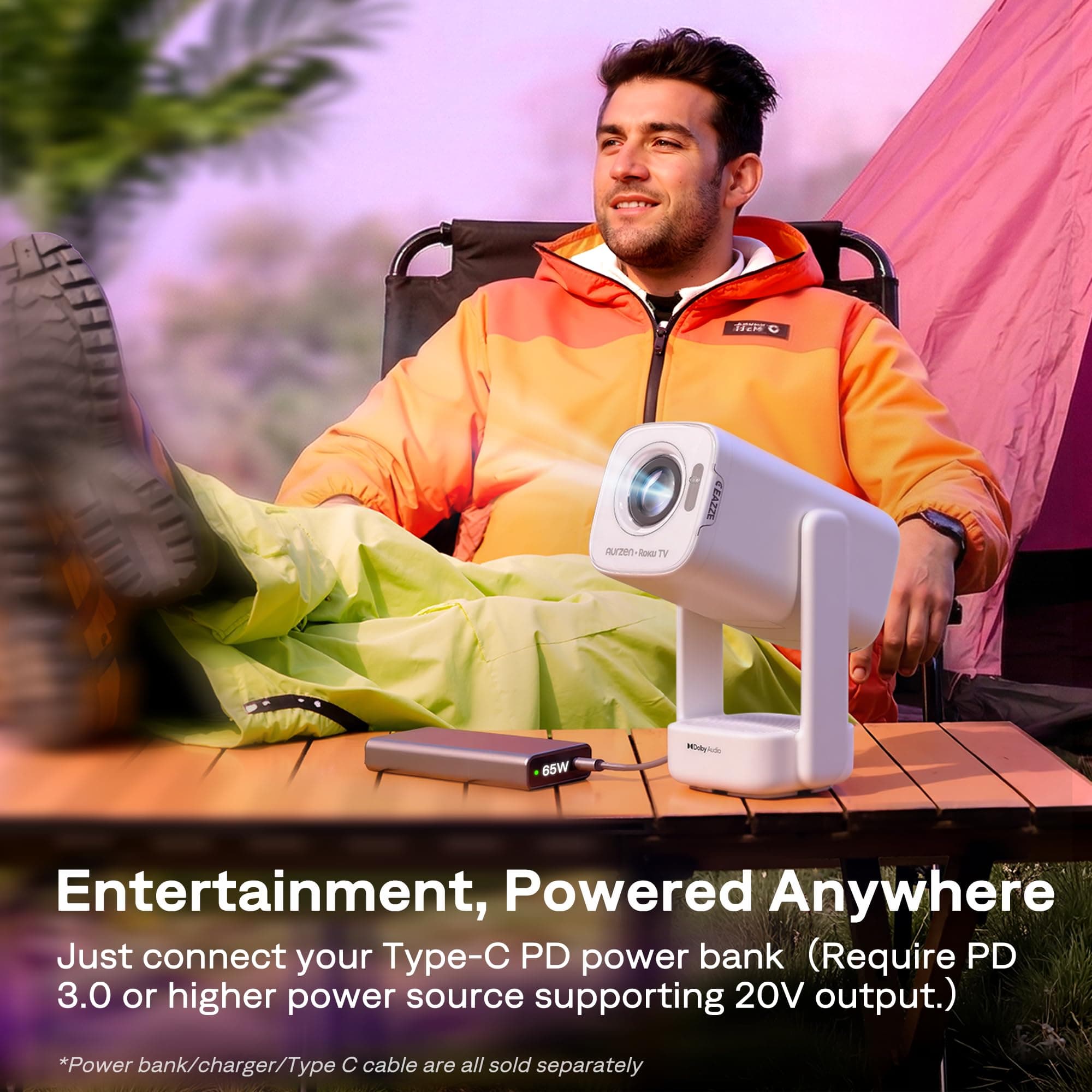 Aurzen Roku TV D1R air USB-C Powered Smart Portable Outdoor Projector White, view 4