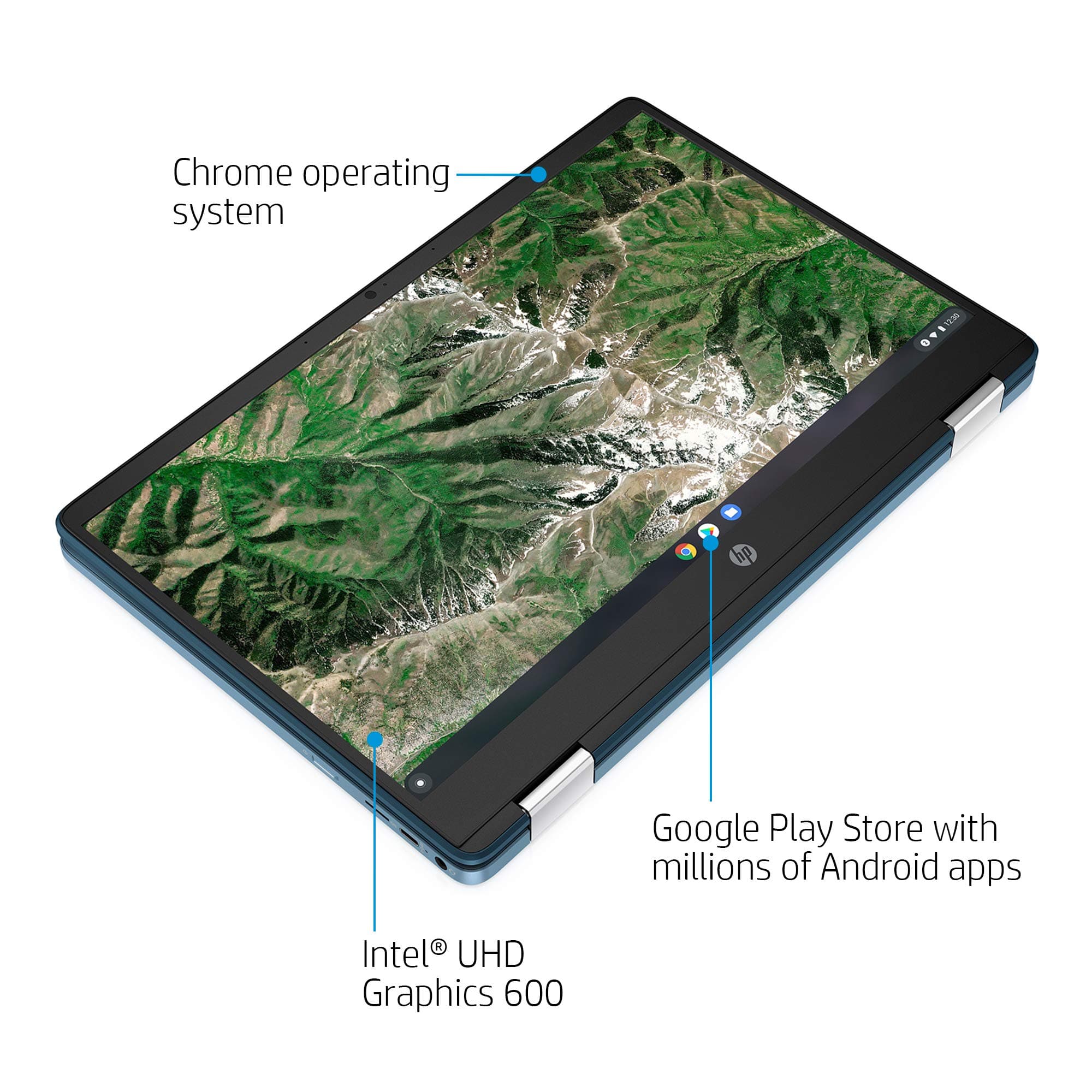 HP Laptop X360 14a Chromebook 14" HD Touchscreen, Entertaining from Any Angle Intel Celeron, 4GB DDR4 64GB eMMC WiFi Webcam Stereo Speakers Bluetooth 4.2 Chrome Blue Metallic Color, view 6