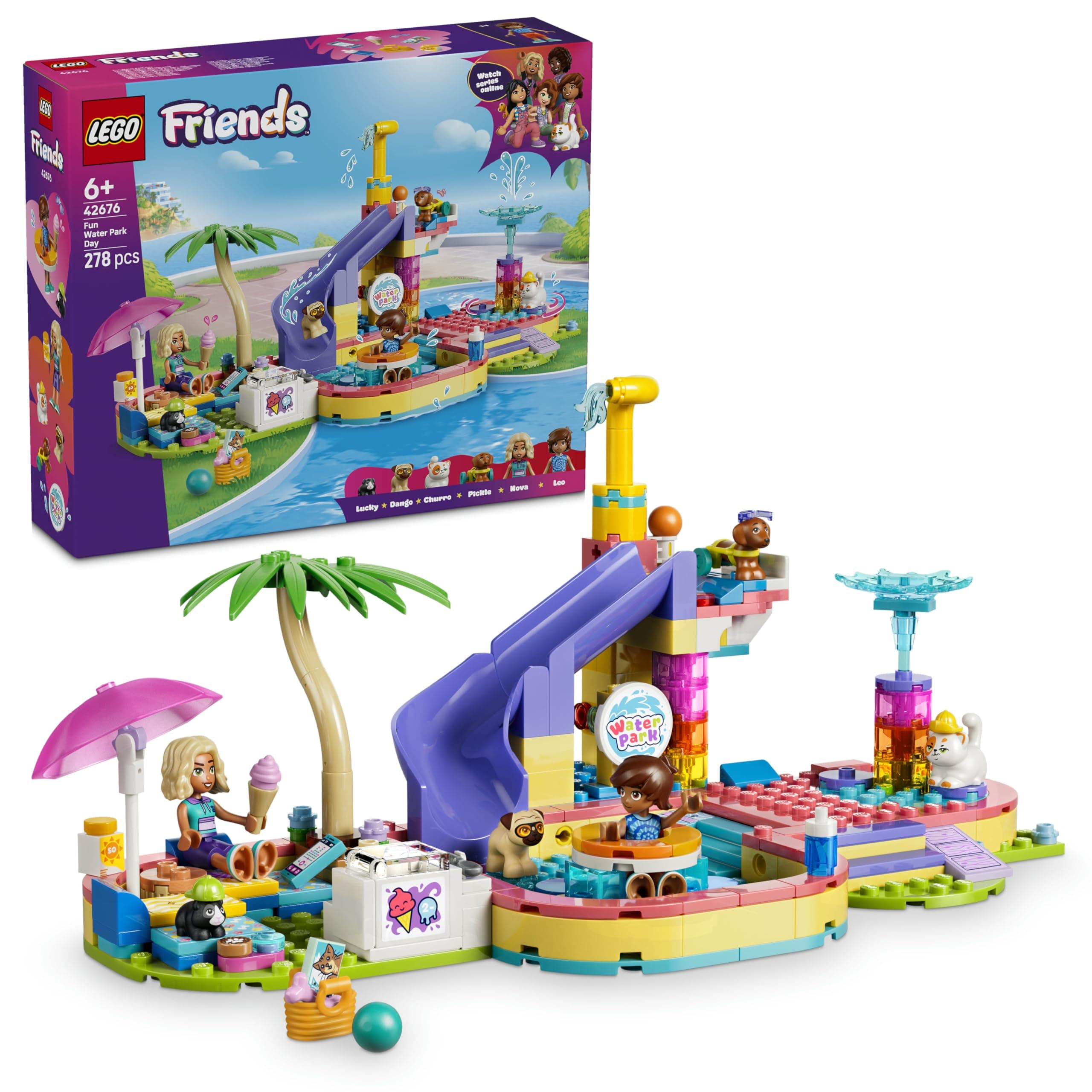 LEGO Friends Divertente Giornata al Parco Acquatico - Miniatura da Costruire Giocattolo con Scivolo, 2 Mini Bamboline, 4 Animali e Accessori - Idea Regalo di Compleanno per Bambine da 6 Anni - 42676