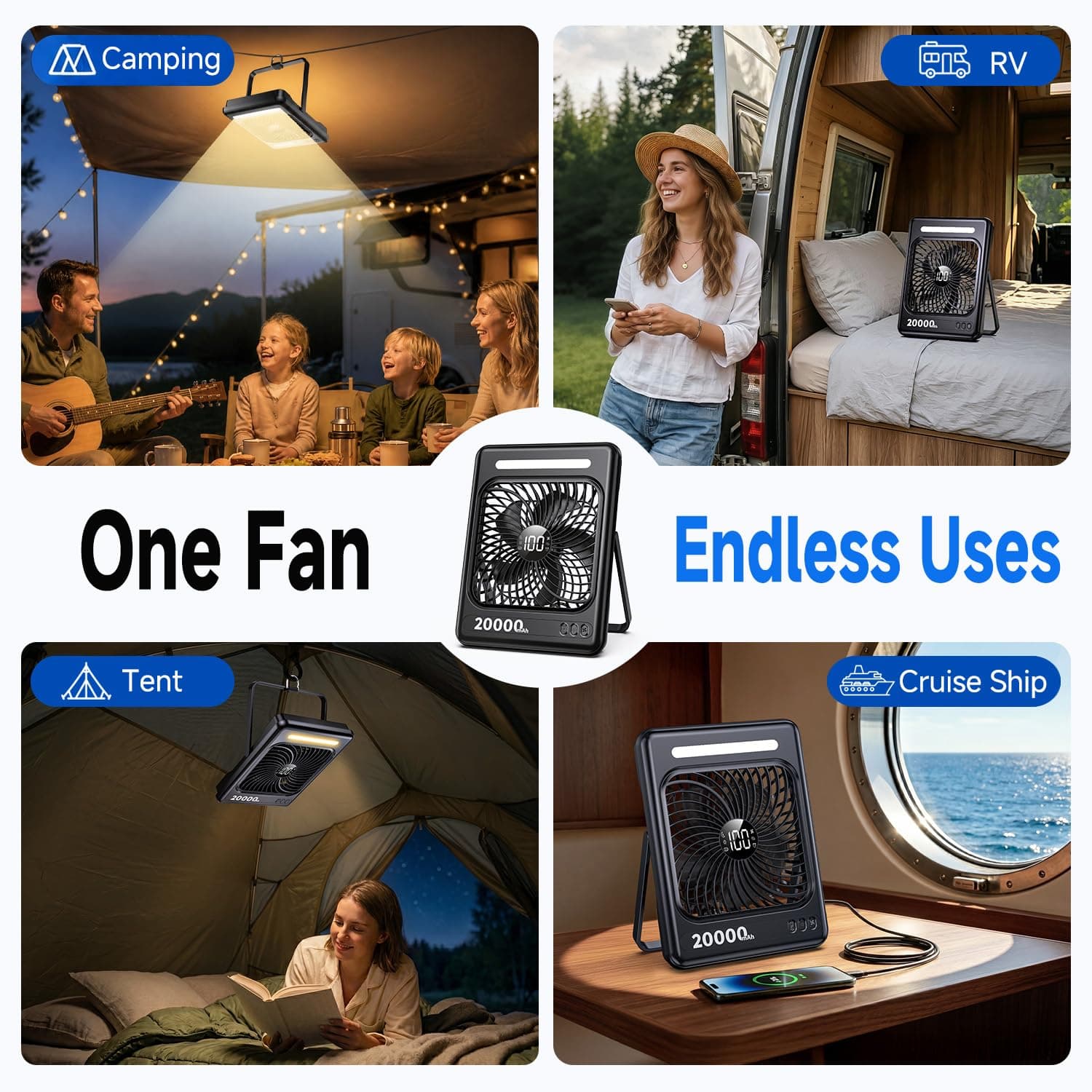 20000mAh Battery Powered Fan, Max 60H Runtime, Ultra-Slim Travel Fan, 5 Speeds Portable Rechargeable Fan with LED Lantern, 2/4/6/8 Timer Personal Camping Fan for Cruise Fishing Ship Tent Office Home, view 6