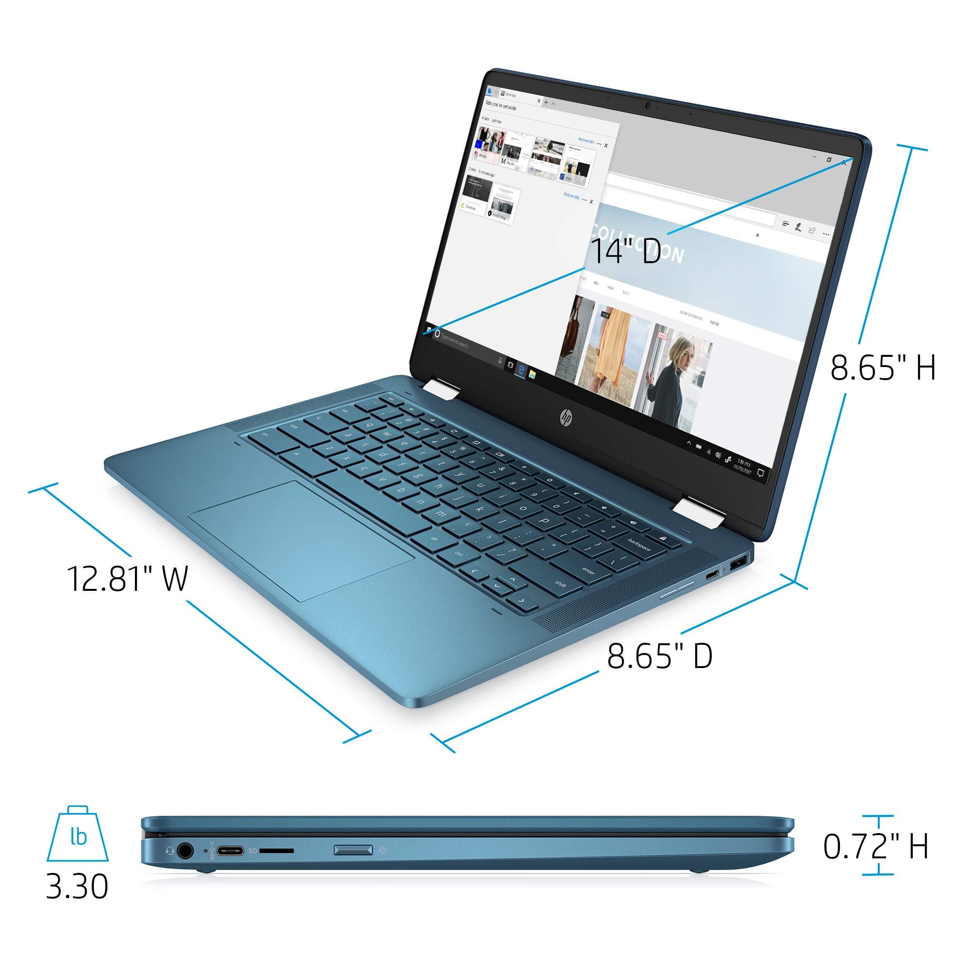 HP Laptop X360 14a Chromebook 14" HD Touchscreen, Entertaining from Any Angle Intel Celeron, 4GB DDR4 64GB eMMC WiFi Webcam Stereo Speakers Bluetooth 4.2 Chrome Blue Metallic Color, view 4