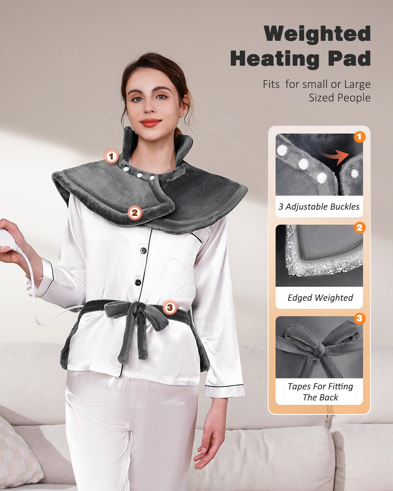 Yokimisu Heating Pad for Neck, Shoulders and Back Pain Relief, 2.5lb Weighted Large 24"x33" Wearable Electric Heating Pad, Fast Heating, ETL Certified, Gift for Women and Men, Ideal for Mom & Dad-Grey, view 4