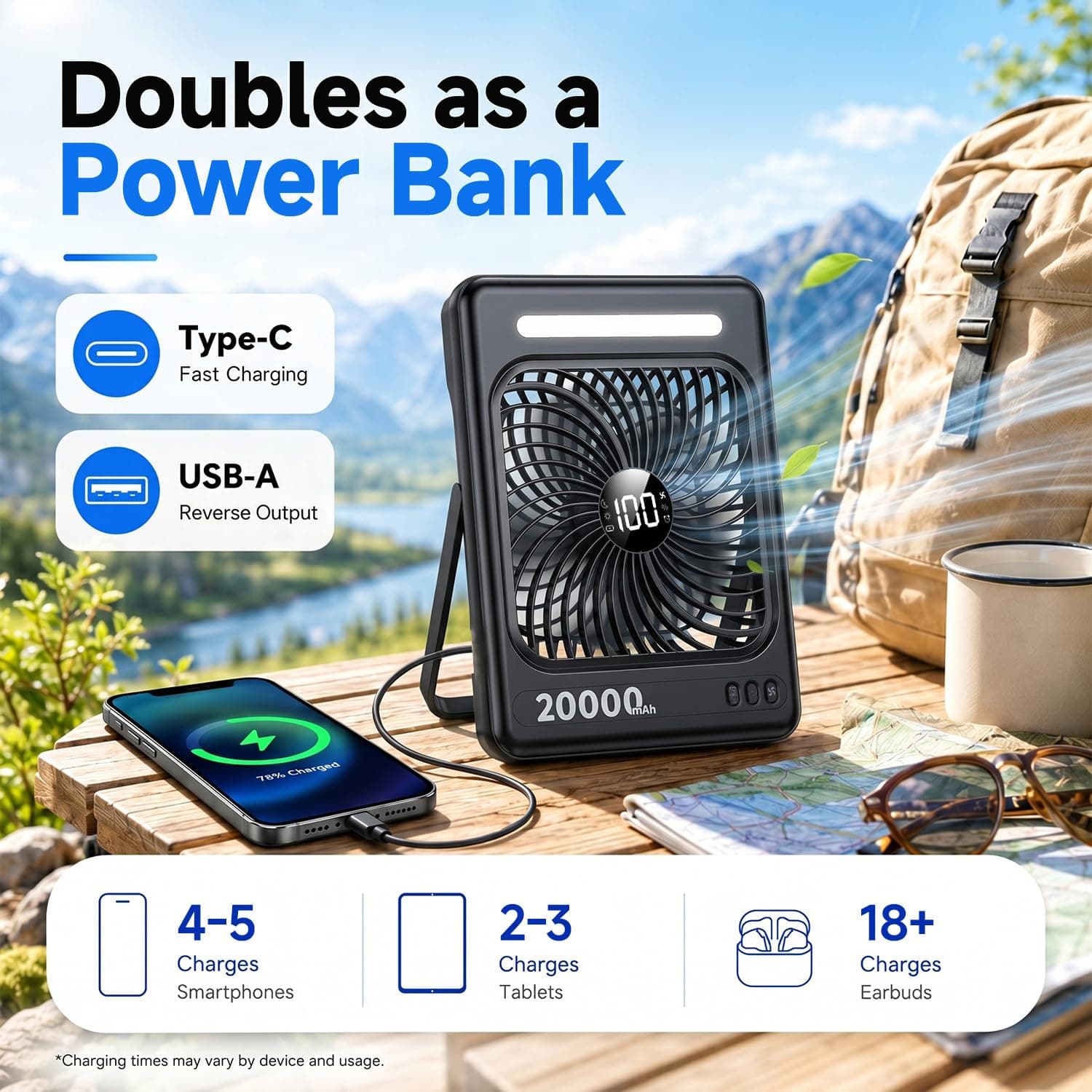20000mAh Battery Powered Fan, Max 60H Runtime, Ultra-Slim Travel Fan, 5 Speeds Portable Rechargeable Fan with LED Lantern, 2/4/6/8 Timer Personal Camping Fan for Cruise Fishing Ship Tent Office Home, view 8