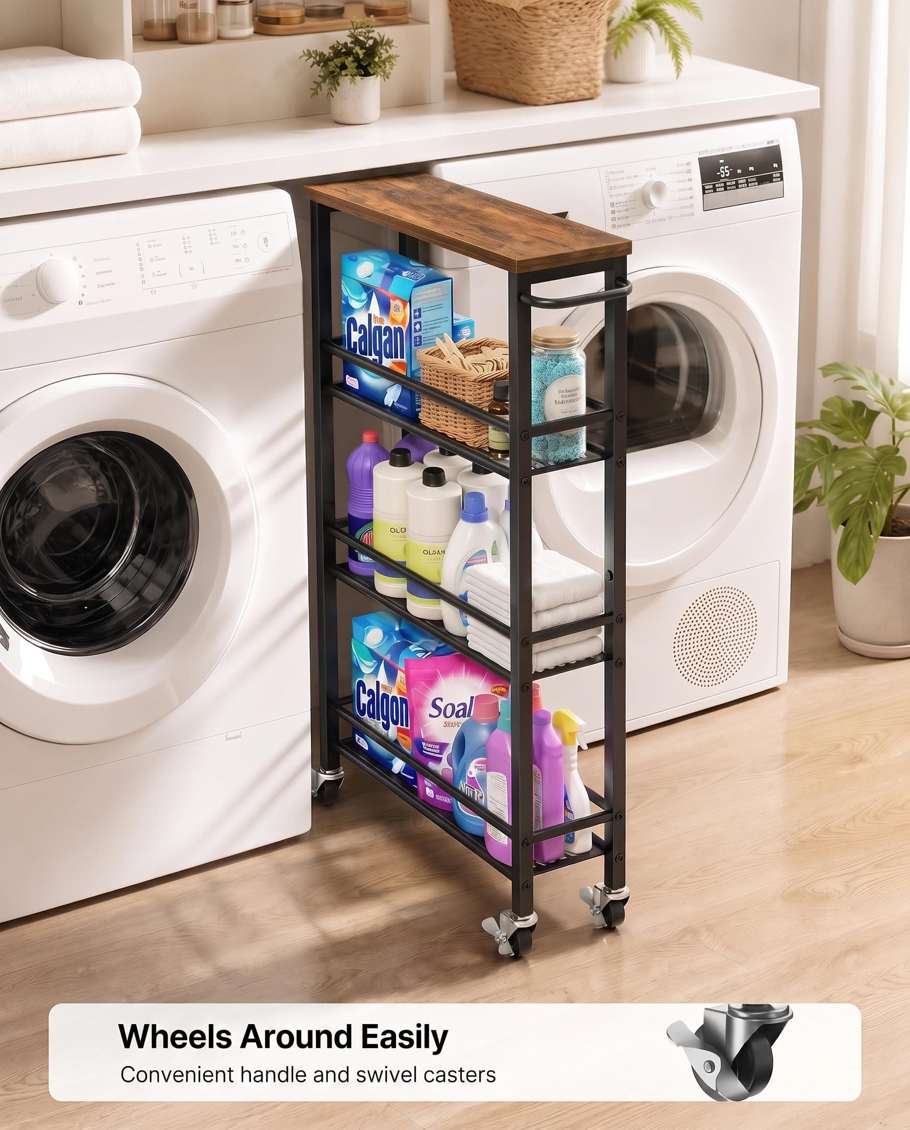 Pipishell Slim Storage Cart with Wheels - 4 Tier Rolling Kitchen Storage Cart with Handle and Wood Top, Metal Slim Bathroom Cart for Laundry Room, Bathroom, Kitchen, Narrow Space, Black & Rustic Brown, view 3