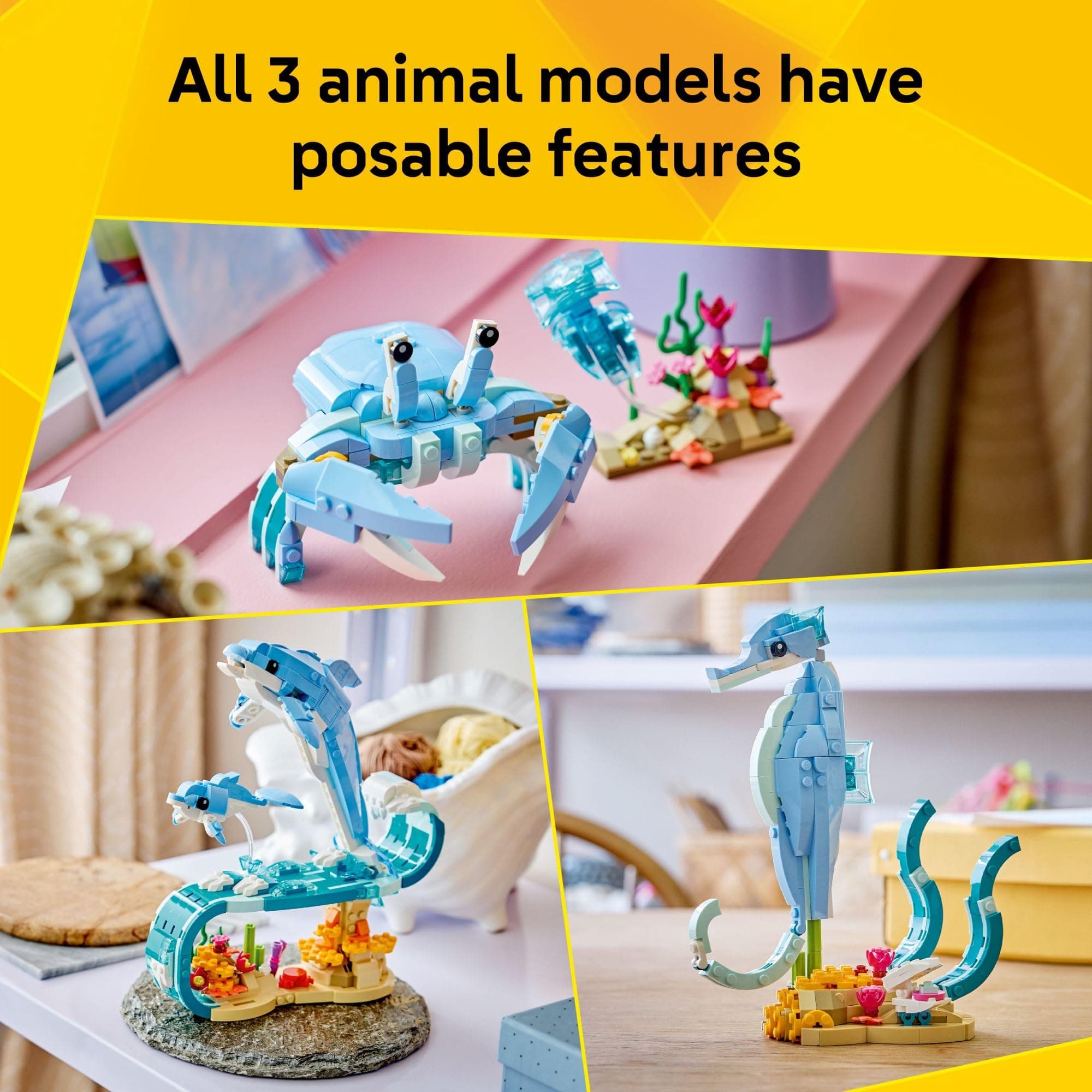 LEGO Creator 3 in 1 Sea Animals: Beautiful Dolphins Building Toy for Girls, Boys, & Kids, Ages 8+ - Gift for Birthdays - Build a Dolphin, Seahorse, or Crab Animal Figure - 31385, view 3