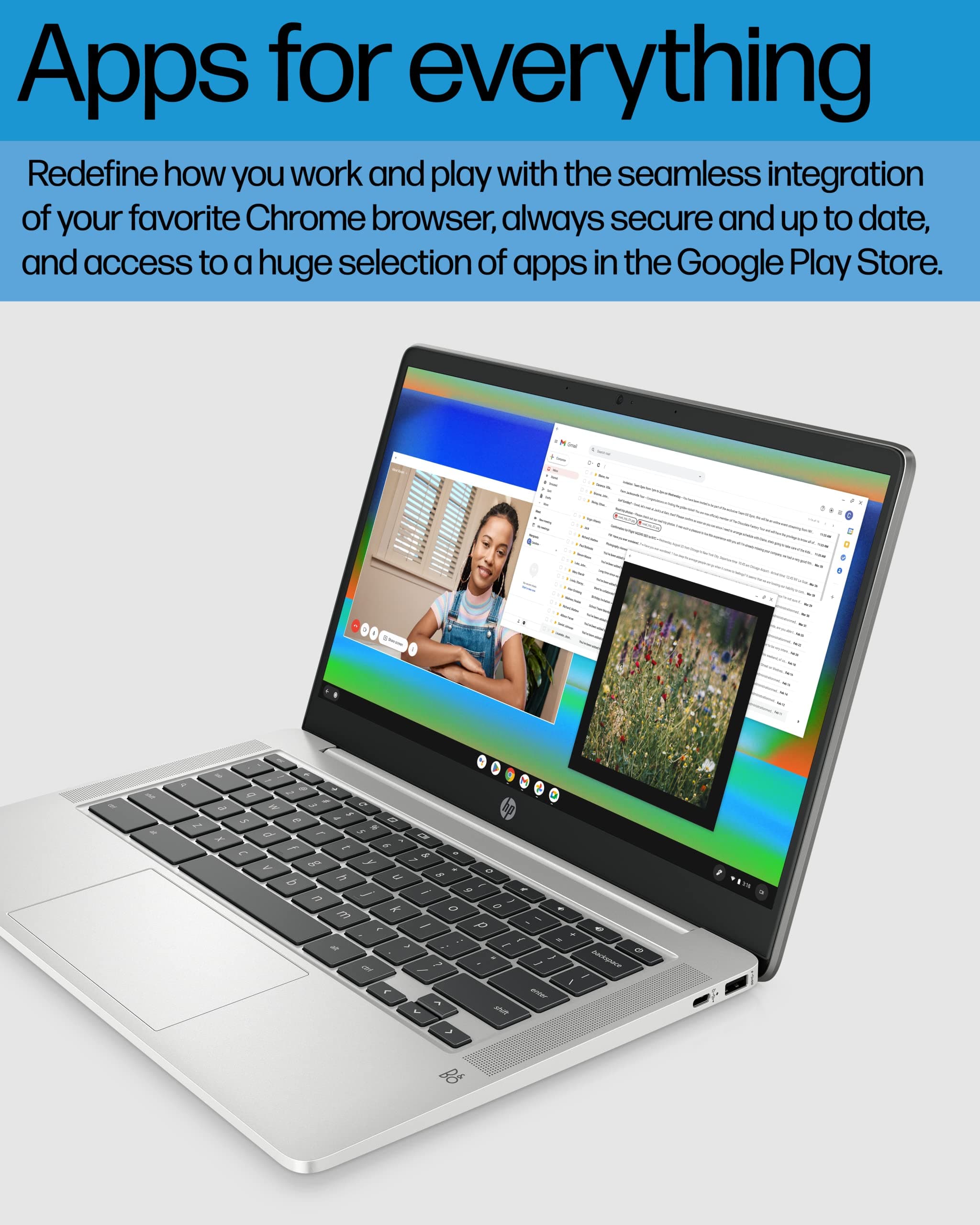 HP Chromebook 14 Laptop, Intel Celeron N4120, 4 GB RAM, 64 GB eMMC, 14" HD Display, Chrome OS, Thin Design, 4K Graphics, Long Battery Life, Ash Gray Keyboard (14a-na0226nr, 2022, Mineral Silver), view 7