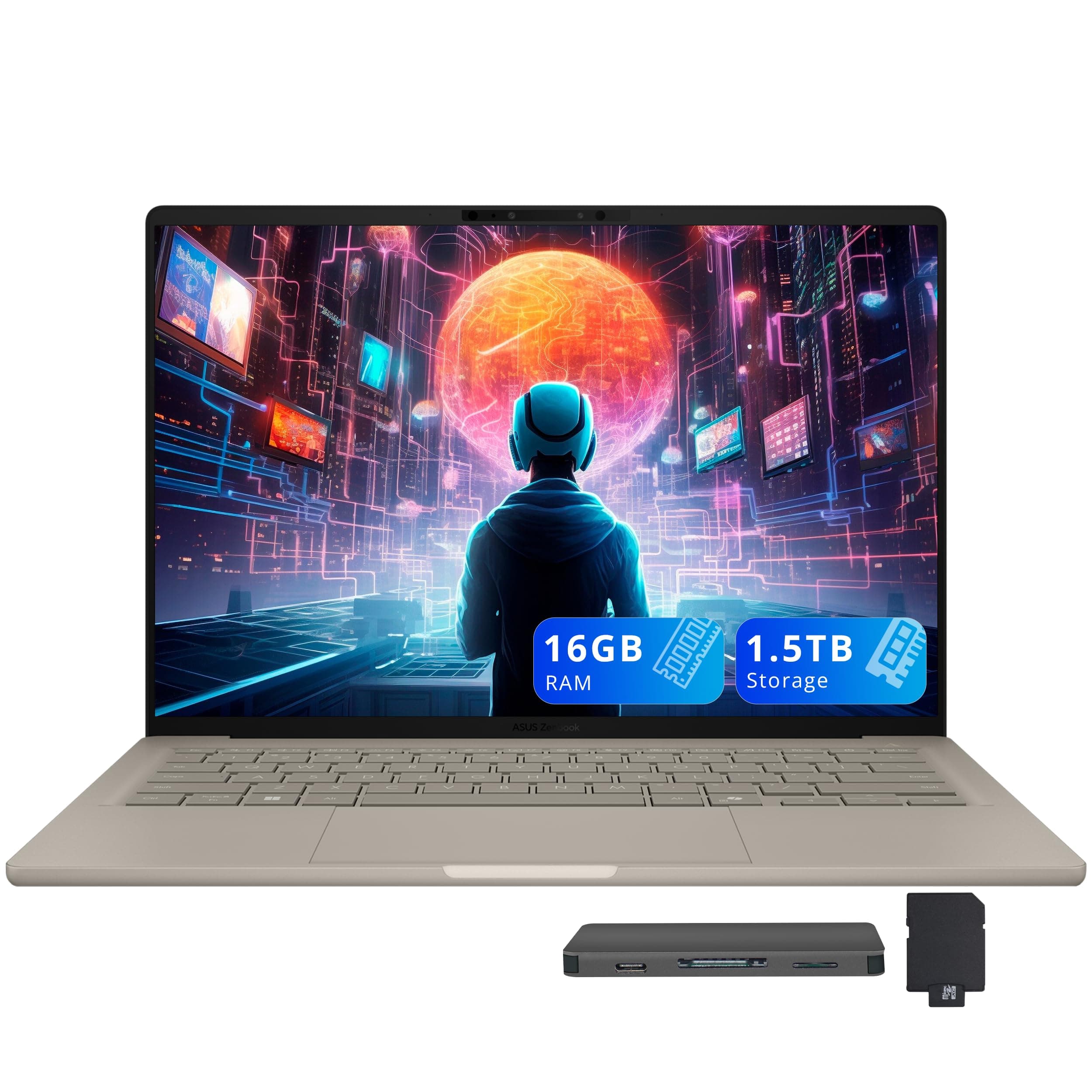 ASUS Zenbook 14" FHD+ OLED Laptop, Snapdragon X Plus X1P-42-100, 16GB LPDDR5X, 1.5TB Storage (512GB SSD+1TB Docking Station), Backlit Keyboard, Copilot, FHD IR Camera, Windows 11, Zabriskie Beige
