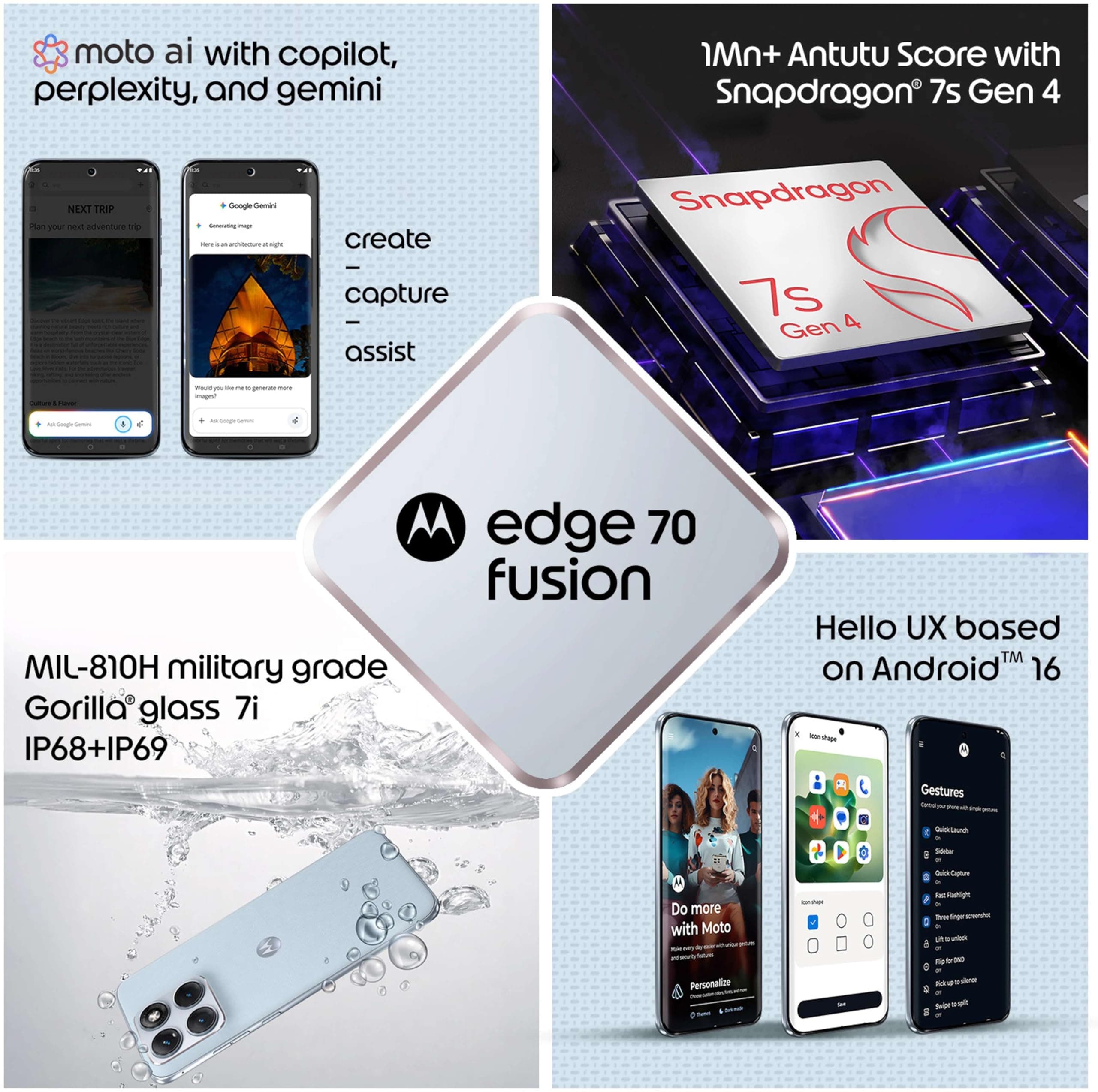 Motorola Edge 70 Fusion (Pantone Country Air, 8 GB de RAM, 128 GB de almacenamiento) | Pantalla AMOLED de 6.8 pulgadas 1.5K 144Hz | Snapdragon 7s Gen 4 | Sony LYTIA 710 OIS de 50 MP | Selfie de 32 MP, view 8