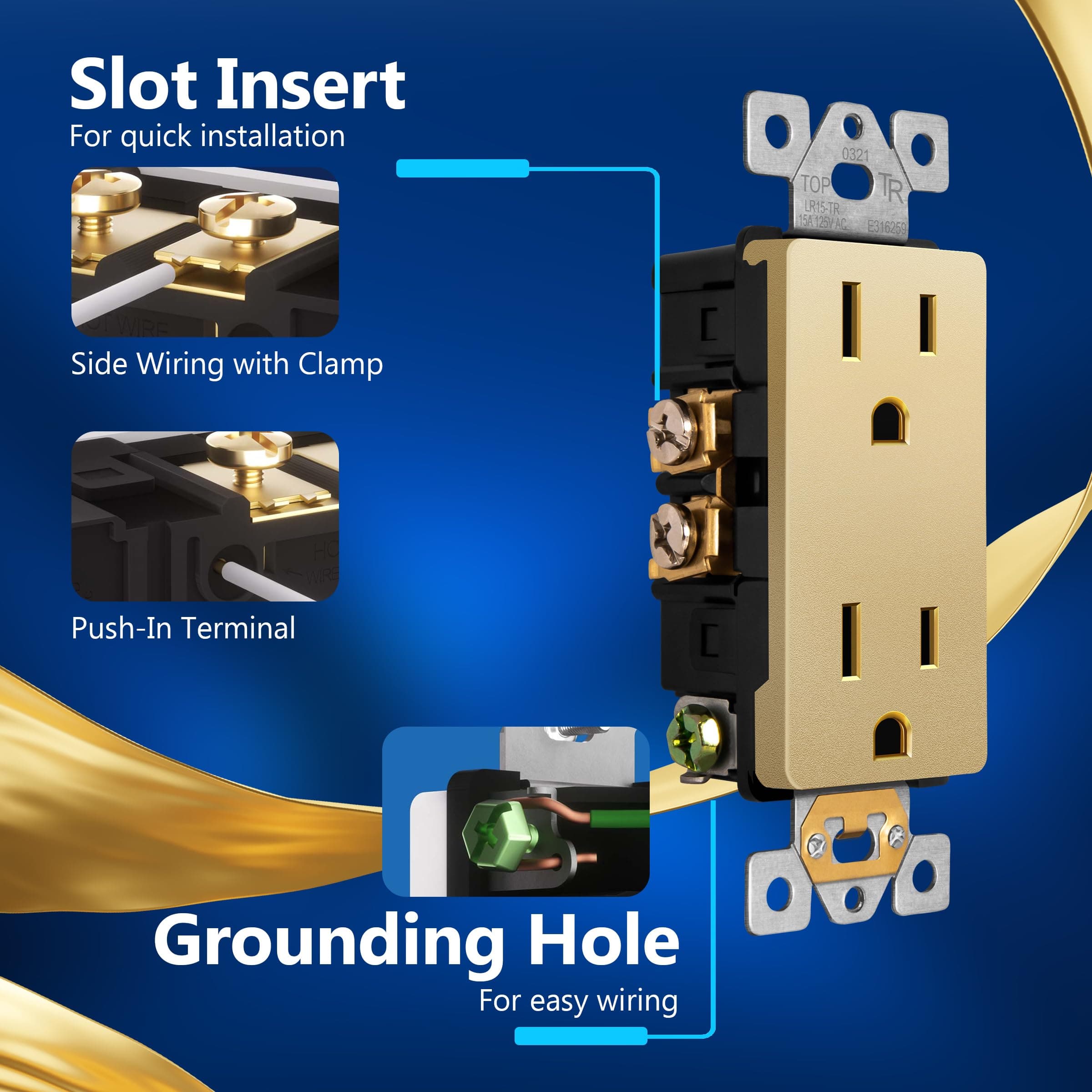 LIDER Receptacle, Interchangeable Face Cover, Wall Outlet, 15A, Matte Gold, view 3