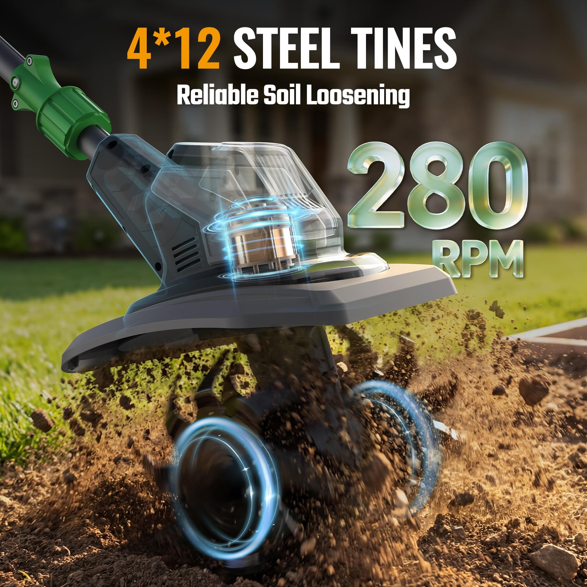 WORKPROX 20V Cordless Tiller Cultivator, 4×12 Durable Steel Tines, 8-Inch Wide & Deep Garden Rototiller, 4.0Ah Battery Powered, Electric Cultivator for Soil, Lawn & Garden, view 3