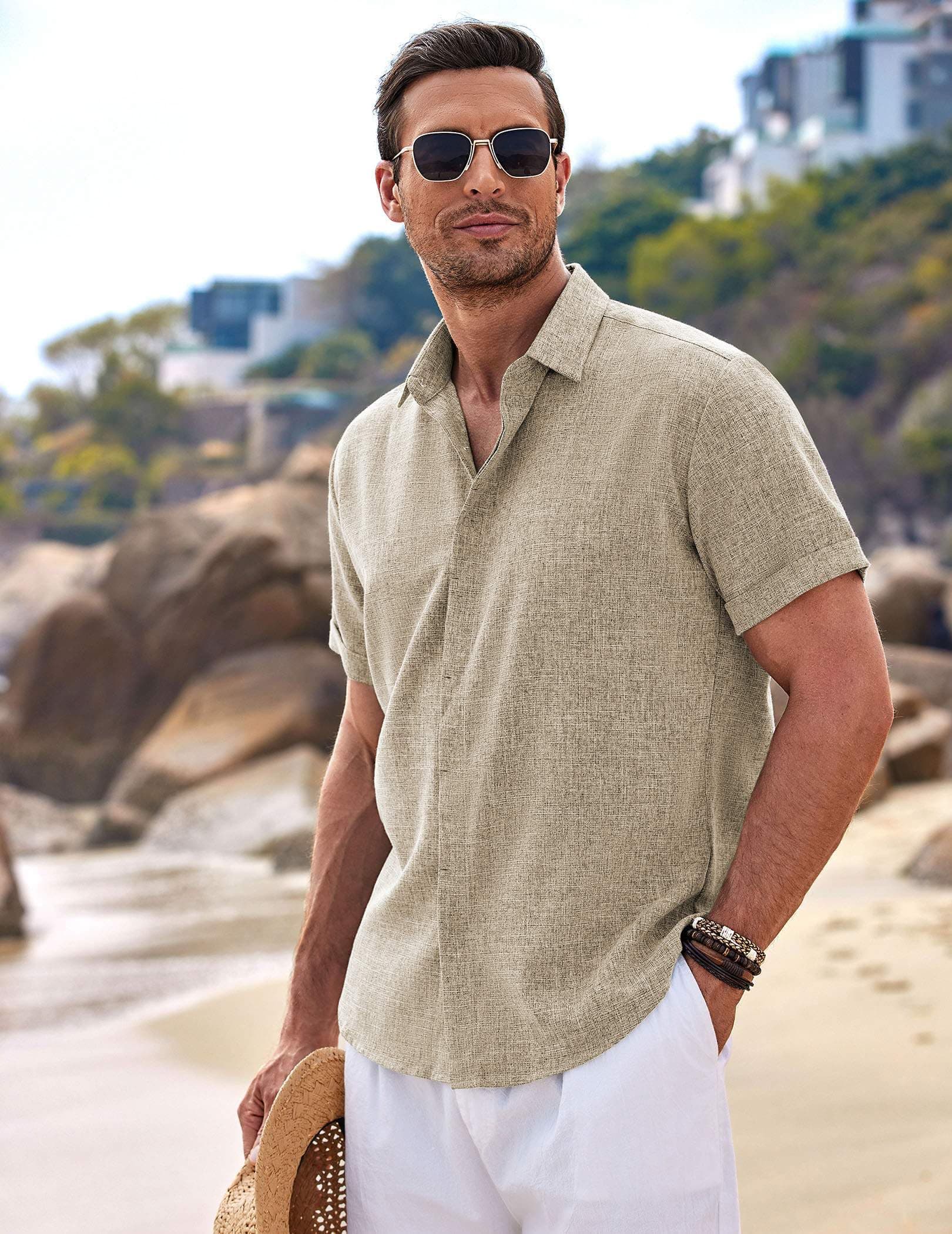 COOFANDY Men's Linen Shirts Short Sleeve Casual Button Down Shirt for Men Untucked Shirt Summer Vacation Khaki, view 3