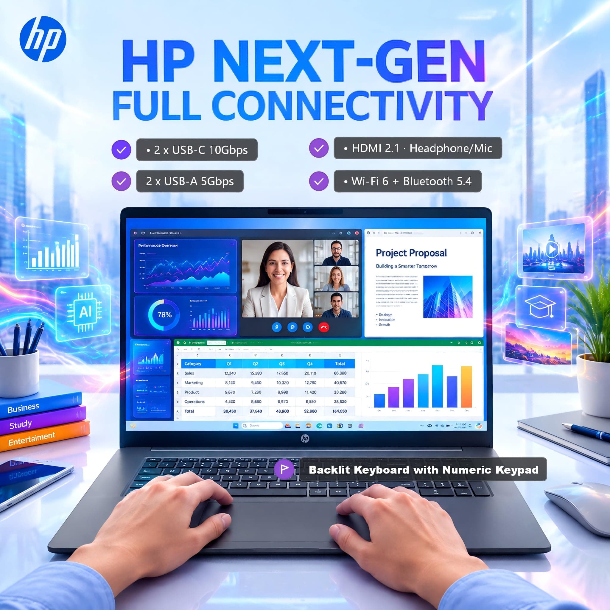 HP 17 Touchscreen Laptop Business 2026, Intel Core Ultra 7 355, 16GB DDR5, view 8