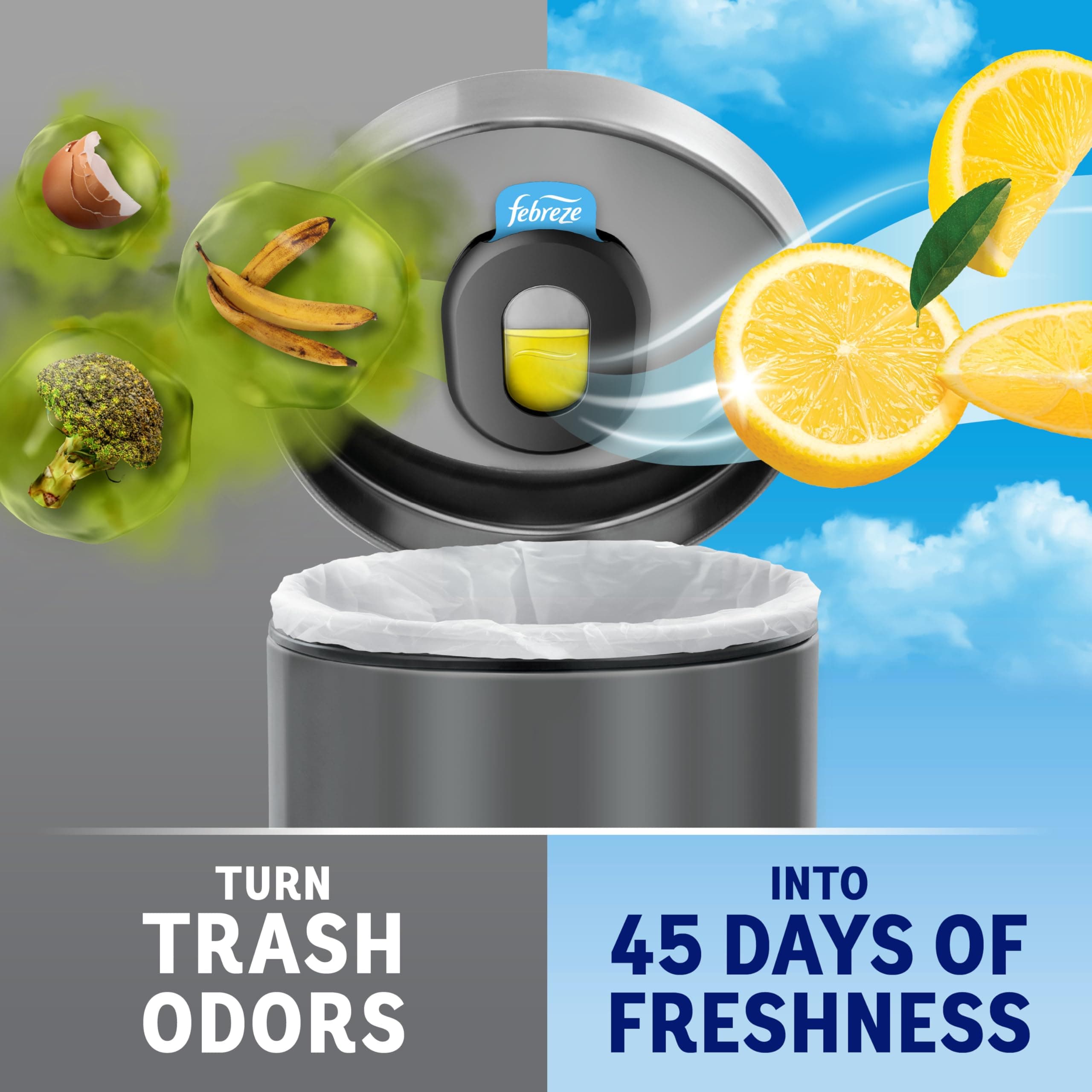 Febreze Trash Can Odor Fighter, Can Air Freshener, Stick-On Deodorizer for Garbage Cans, Diaper Pails, Works with Scented Bags, Fresh Lemon and Linen & Sky Scents, 2 Holders + 2 Refills, view 2