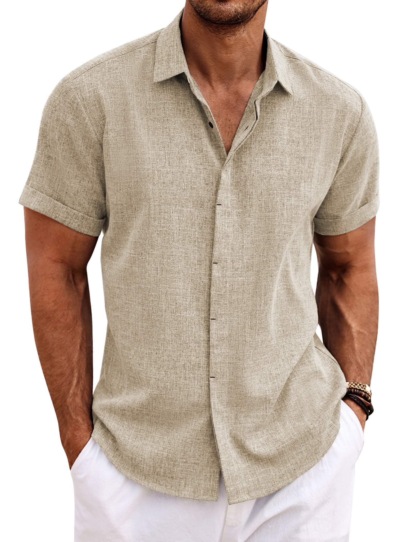 COOFANDY Men's Linen Shirts Short Sleeve Casual Button Down Shirt for Men Untucked Shirt Summer Vacation Khaki, TickClip Tick verdict