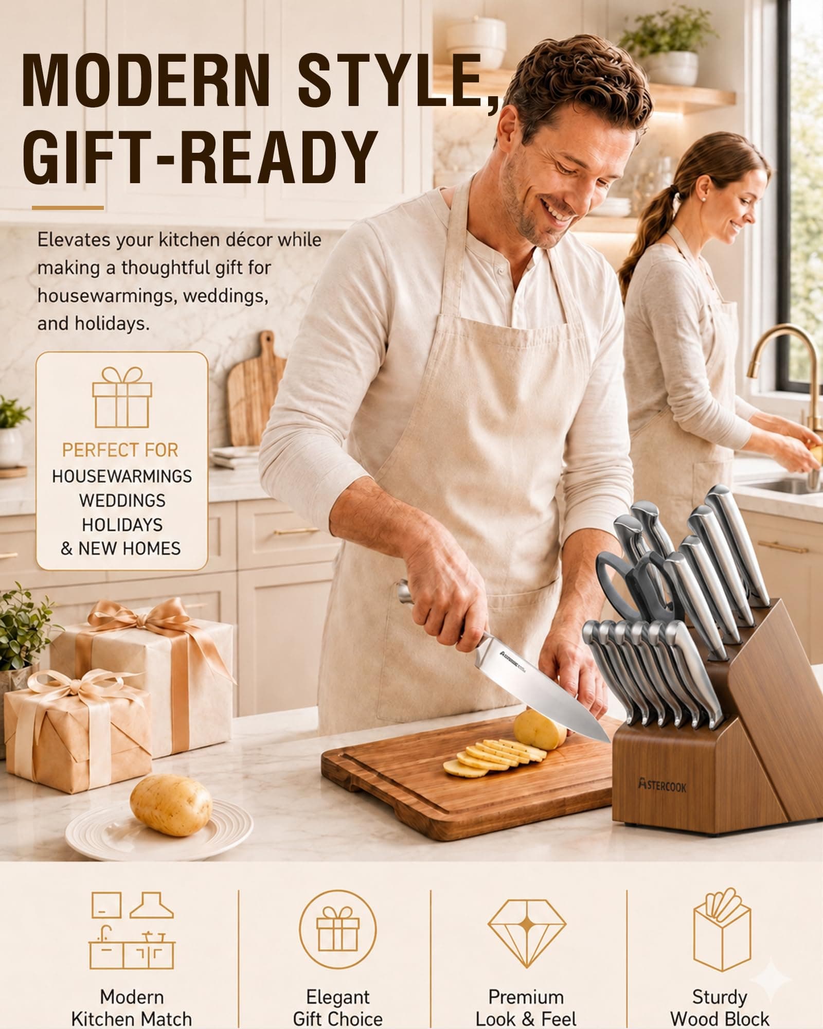 Astercook Knife Set 15 Piece German Steel Kitchen Knife Block Set, view 7