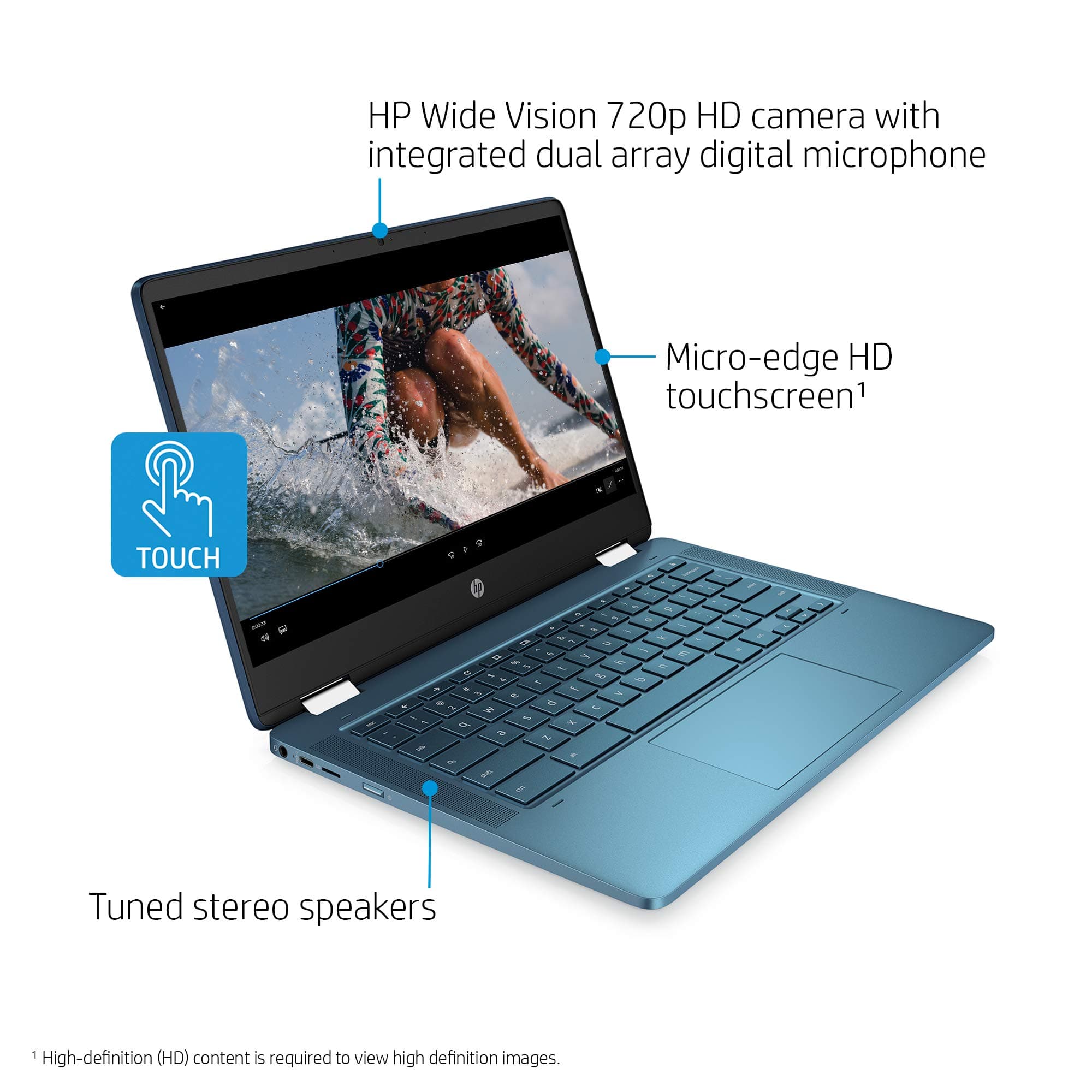 HP Laptop X360 14a Chromebook 14" HD Touchscreen, Entertaining from Any Angle Intel Celeron, 4GB DDR4 64GB eMMC WiFi Webcam Stereo Speakers Bluetooth 4.2 Chrome Blue Metallic Color, view 2