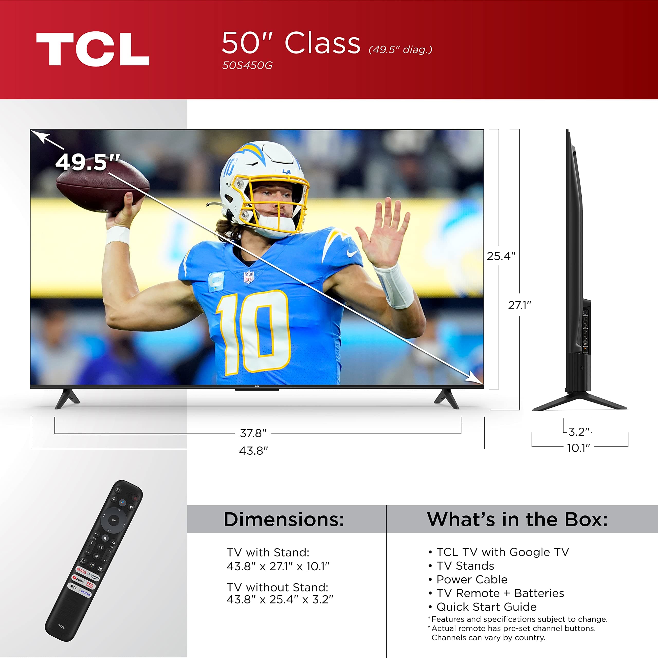 TCL 50-Inch Class S4 4K LED Smart TV with Google (50S450G, 2023 Model), Dolby Vision, HDR Pro, Atmos, Assistant Built-in Voice Remote, Works Alexa, Streaming UHD Television, view 3