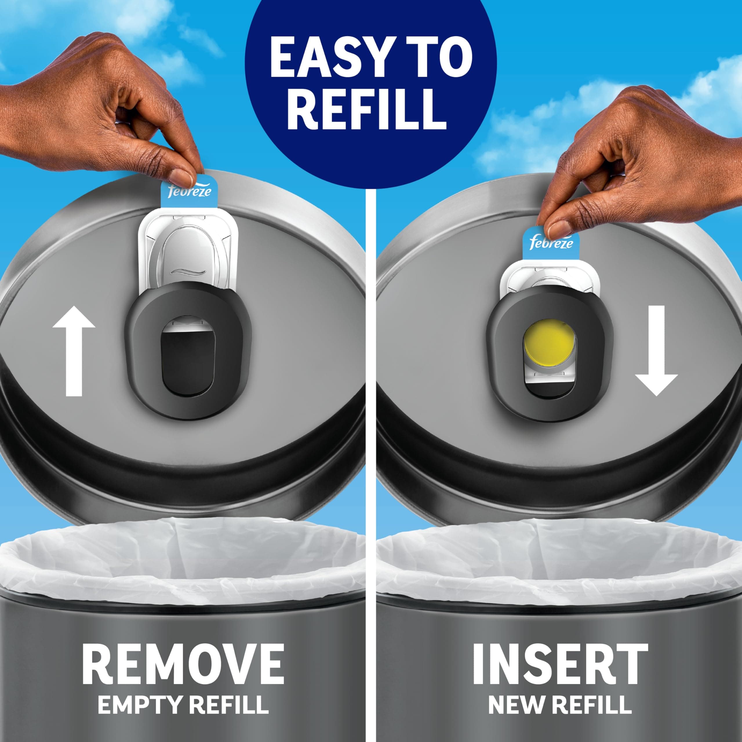 Febreze Trash Can Odor Fighter, Can Air Freshener, Stick-On Deodorizer for Garbage Cans, Diaper Pails, Works with Scented Bags, Fresh Lemon and Linen & Sky Scents, 2 Holders + 2 Refills, view 9