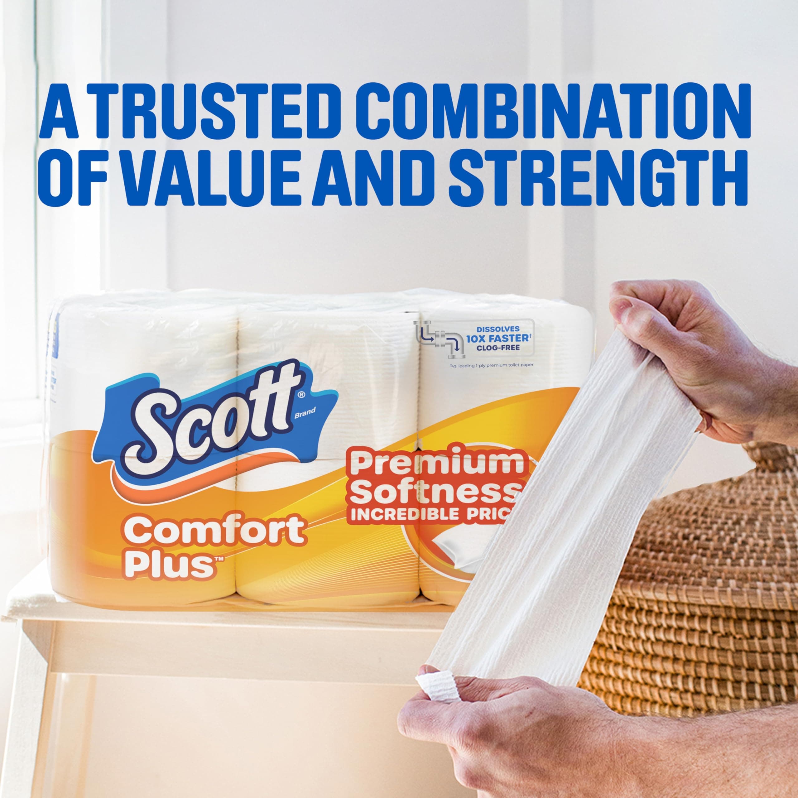 Scott ComfortPlus Toilet Paper, 12 Triple Rolls, 231 Sheets per Roll, Septic-Safe, 1-Ply Toilet Tissue, view 2