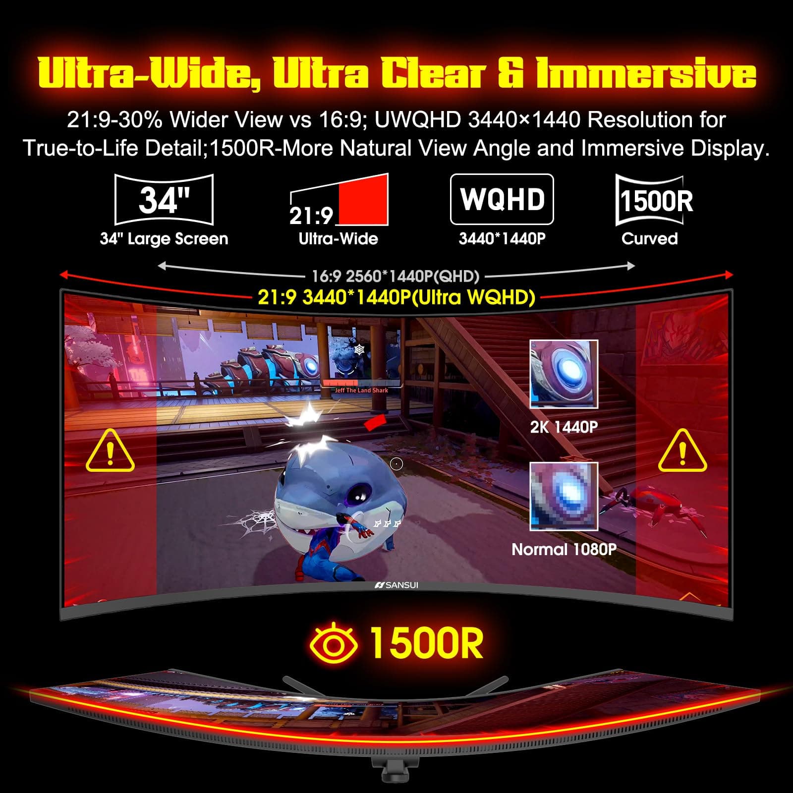 SANSUI 34 Inch Curved Monitor 240Hz UWQHD 3440×1440 Gaming Monitor, view 3
