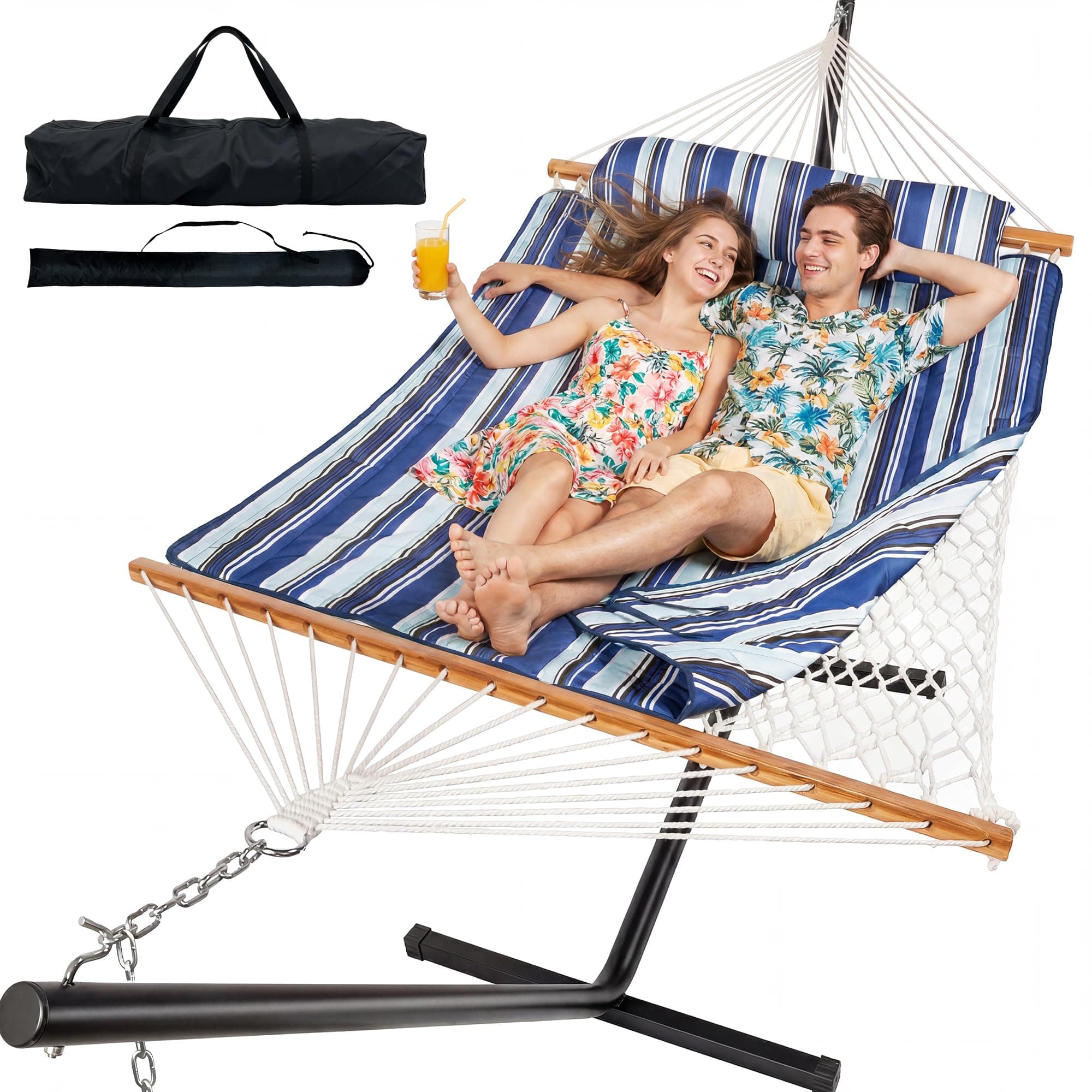 Everyfun 2 Person Hammock with Stand, Heavy Duty Double Cotton Rope Hammock with Removable Quilted Pad & Pillow, 500 LBS Adjustable Steel Frame, Tool-Free, Carry Bag for Outside Patio Yard, Blue, TickClip Clip verdict