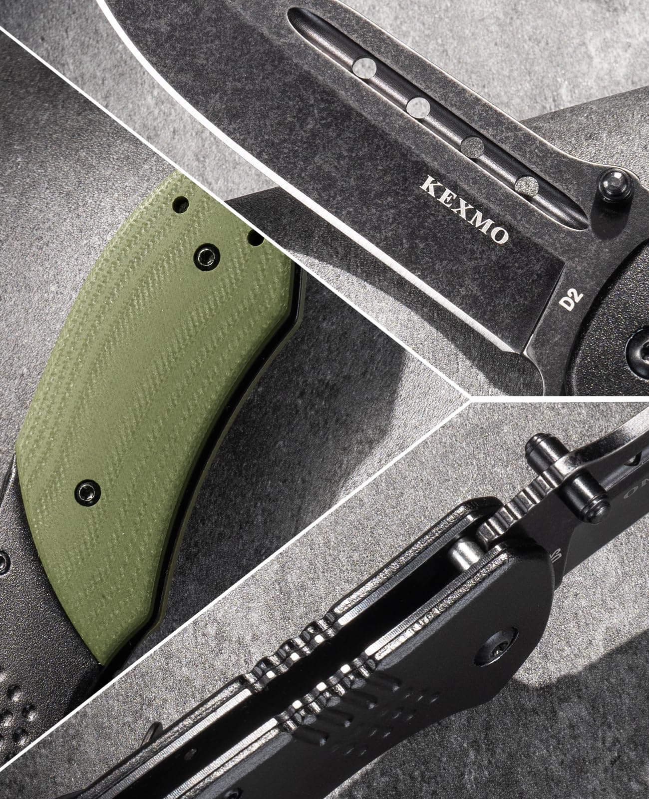 KEXMO Folding Pocket Knife with 3.46" D2 Steel Black Stone Wash Blade and G10 Handle Small Camping Knife for Men Women EDC Outdoor Survival Fishing, Green, view 8