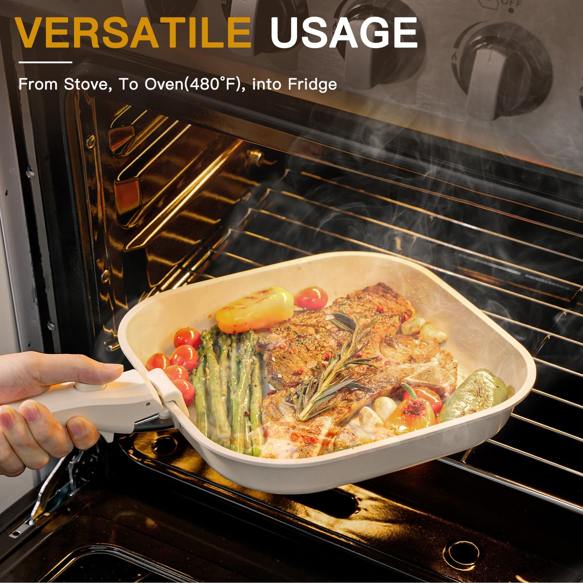 Astercook 23 Pcs Pots and Pans Set Non Stick, Ceramic Cookware Set Detachable Handle, RV Kitchen Cooking Set Removable Handles, Oven Safe, Induction Ready, Stackable, Cream, Fathers Day Gift for Men, view 3