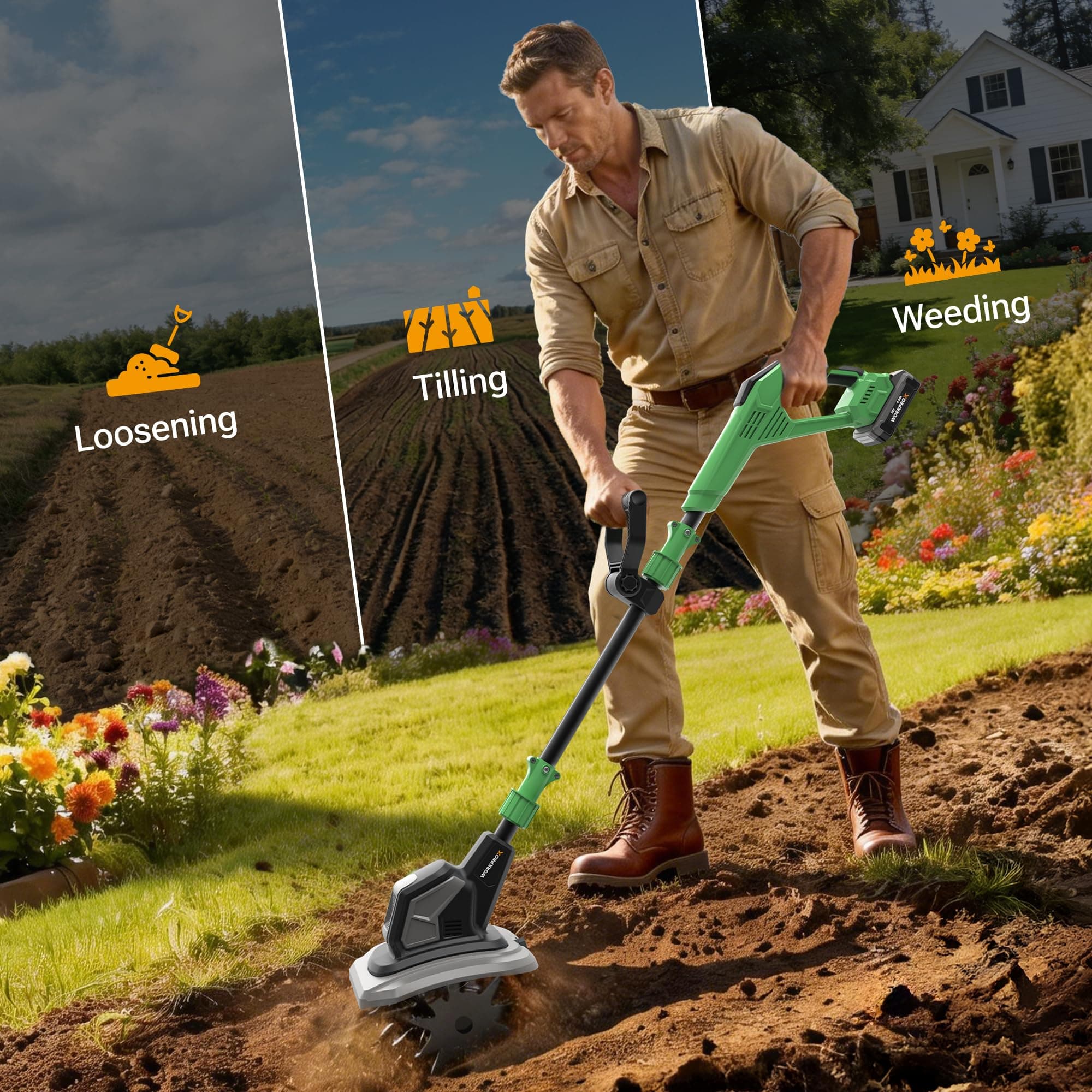 WORKPROX 20V Cordless Tiller Cultivator, 4×12 Durable Steel Tines, 8-Inch Wide & Deep Garden Rototiller, 4.0Ah Battery Powered, Electric Cultivator for Soil, Lawn & Garden, view 8