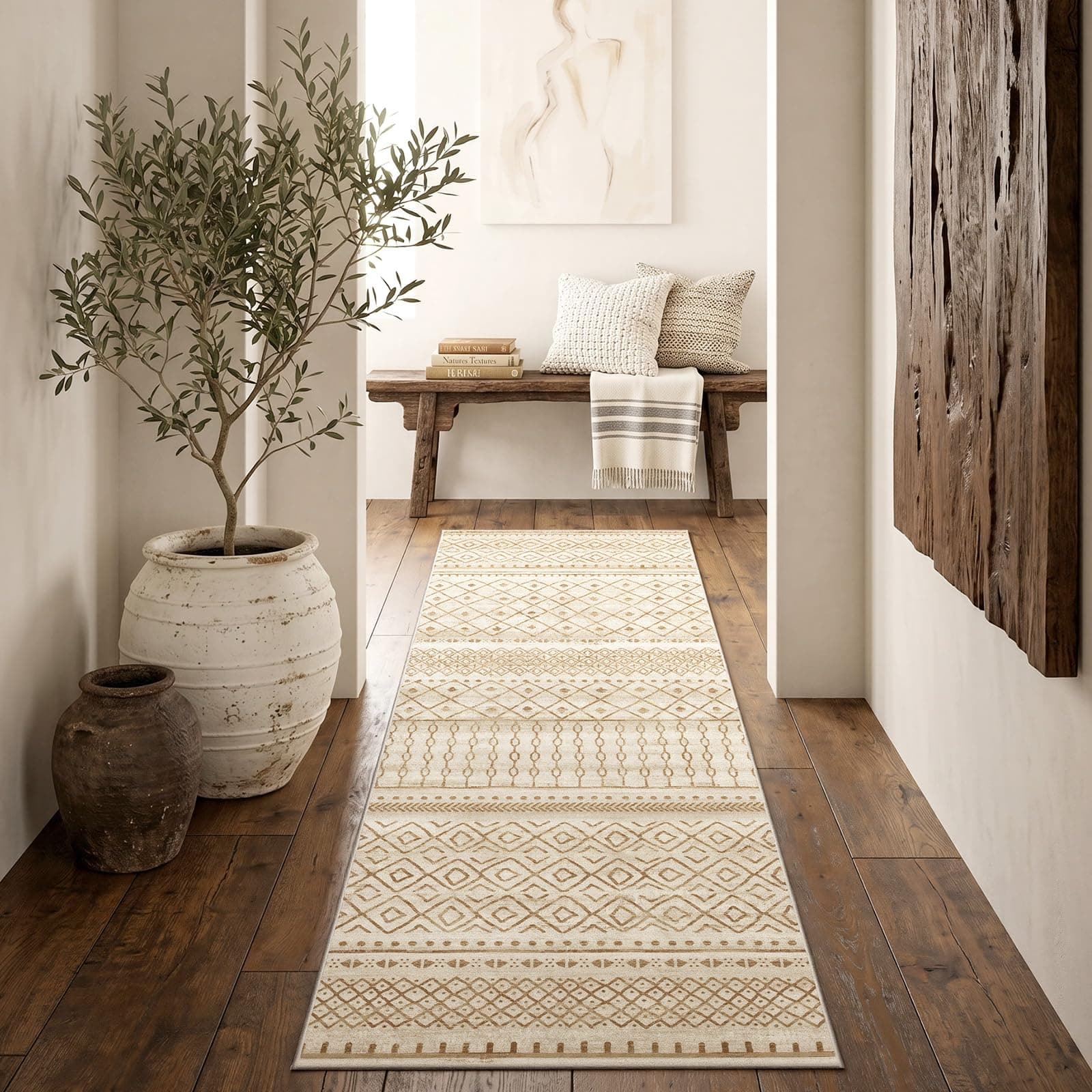 AMADA HOMEFURNISHING 2x3 Washable Area Rugs, Beige Boho Geometric Low-Pile Rug with Non-Slip Backing, Stain Resistance & Durable Edge Binding, Soft Indoor Carpet for Living Room, Bedroom, Dining Room