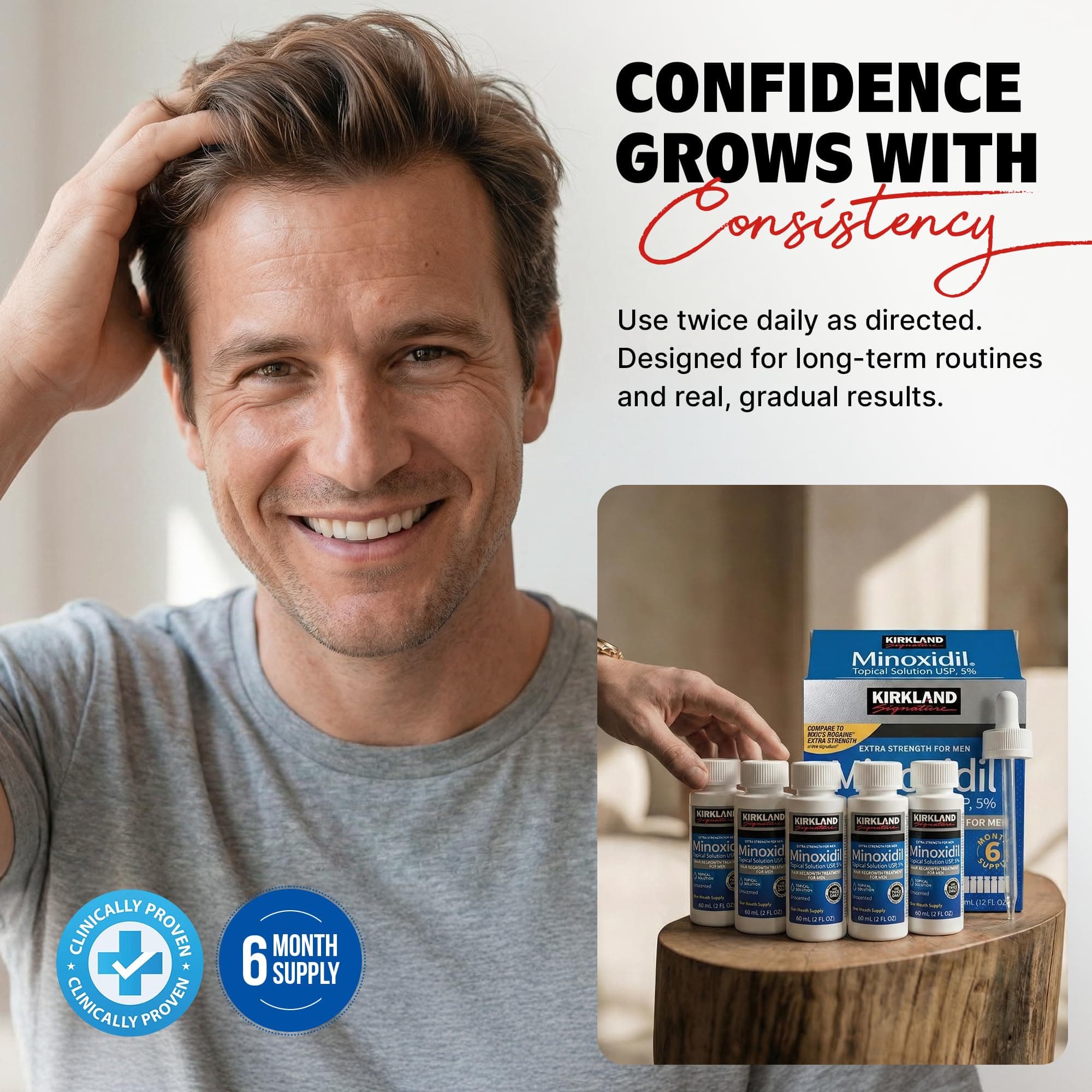 Kirkland Minoxidil for Men Liquid, Extra Strength Hair Regrowth Treatment 5%, 6 Months Supply - Upgraded Dropper Applicator and Bonus Free Guide Included, view 8